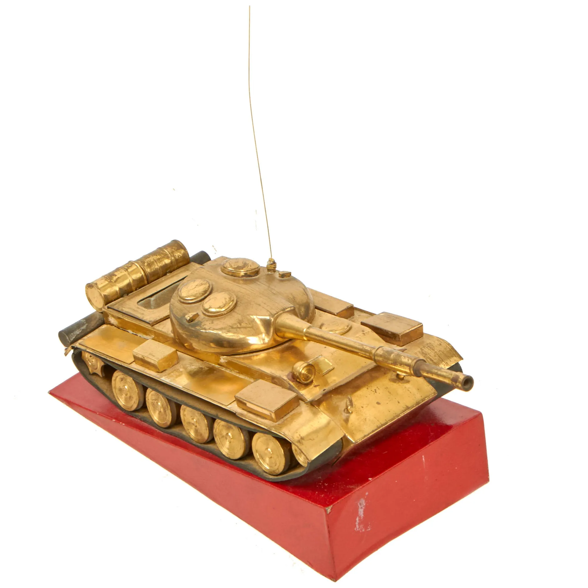 Original Soviet Cold War Era T-55 Tank Brass Desk Model on Steel Base - Formerly Part of the A.A.F. Tank Museum