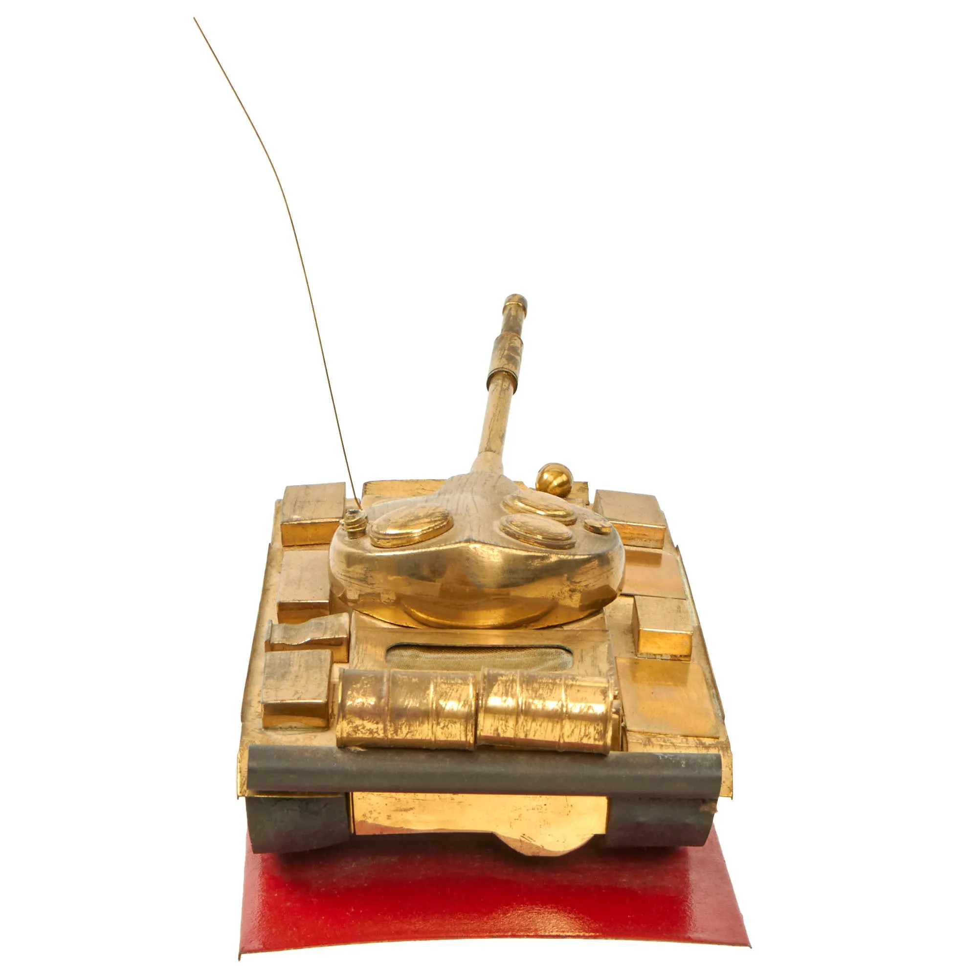 Original Soviet Cold War Era T-55 Tank Brass Desk Model on Steel Base - Formerly Part of the A.A.F. Tank Museum