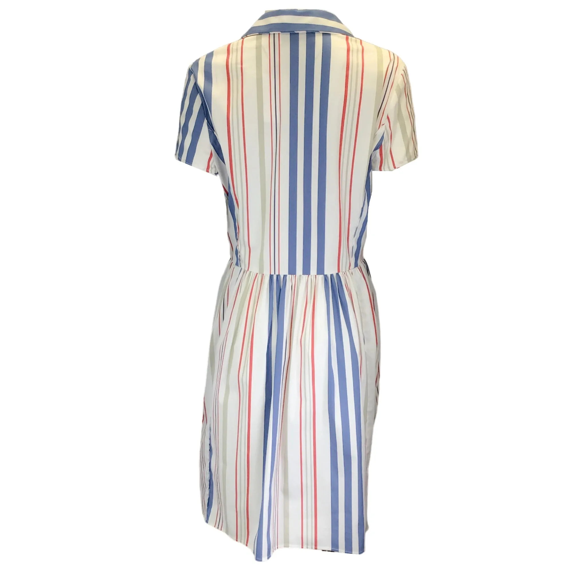 Oscar de la Renta Blue / White / Red Striped Short Sleeved Button-down Cotton Shirt Dress