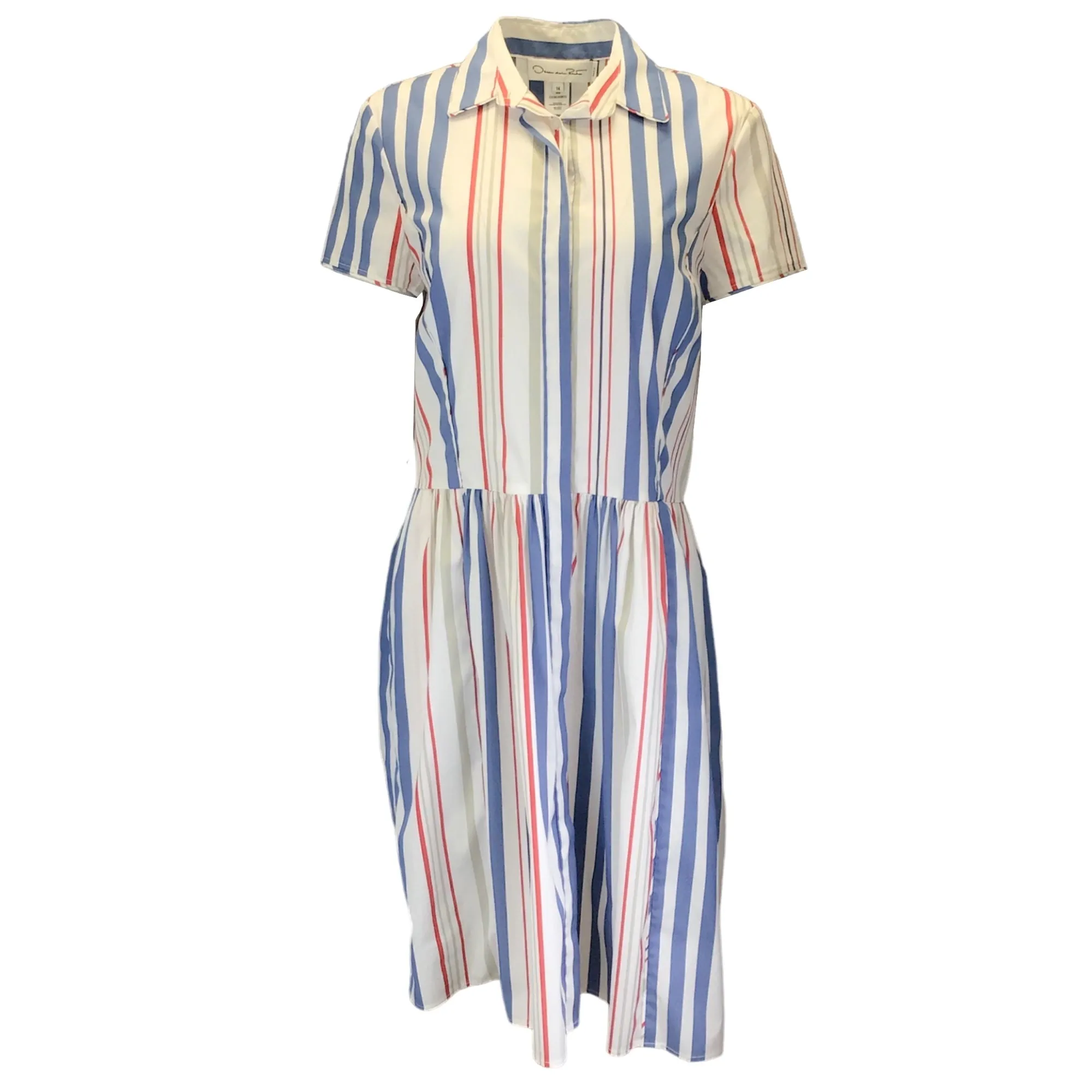 Oscar de la Renta Blue / White / Red Striped Short Sleeved Button-down Cotton Shirt Dress