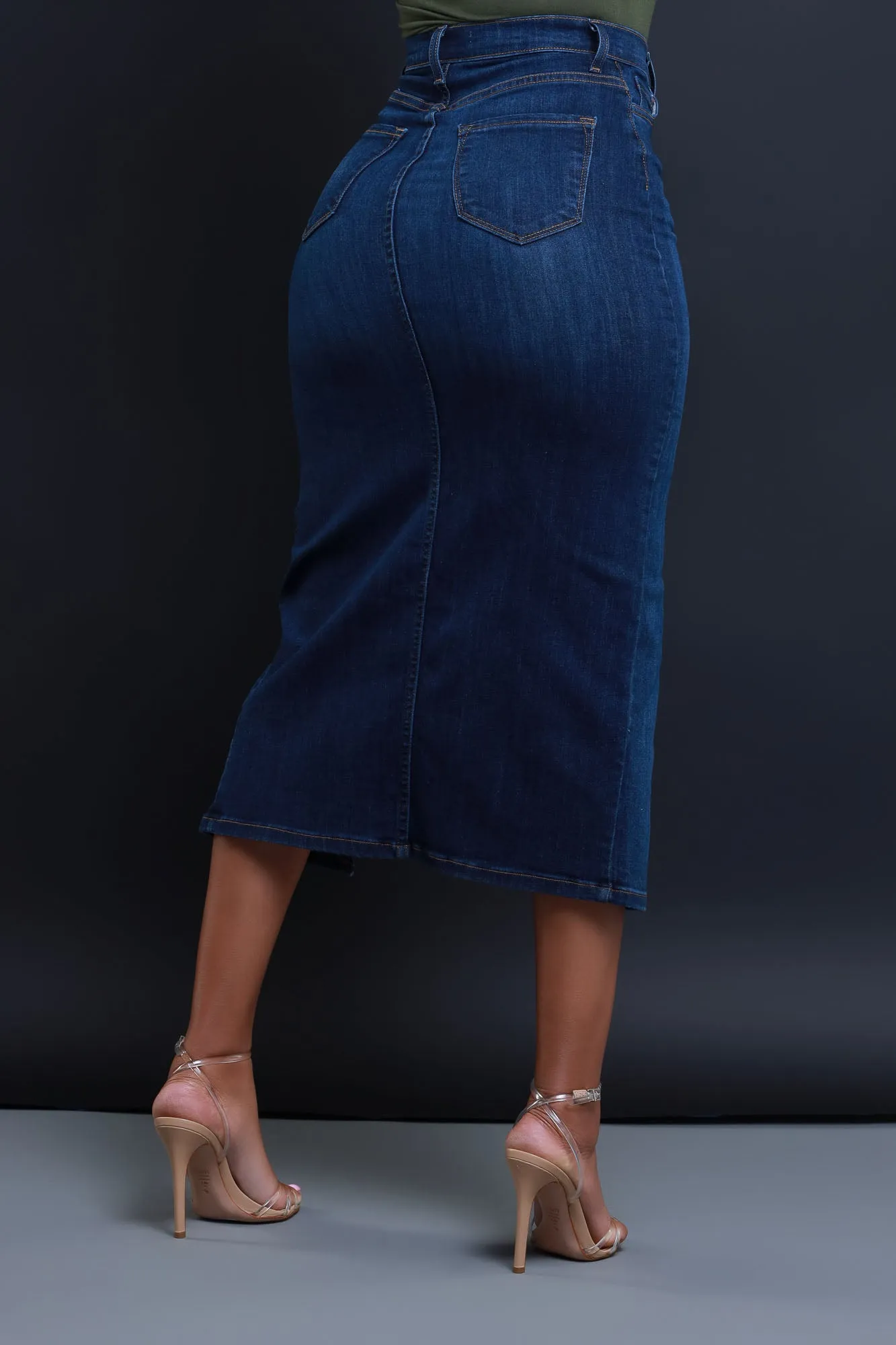 Over My Head High Rise Denim Midi Skirt - Dark Wash