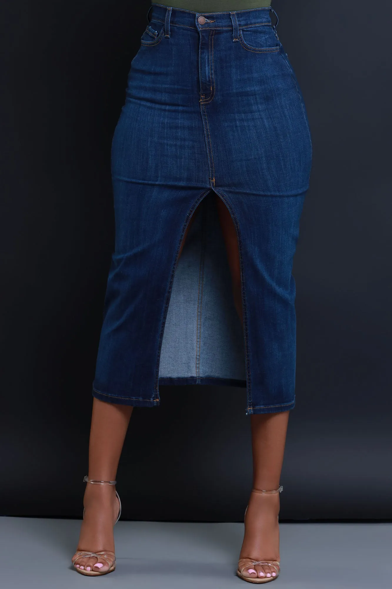 Over My Head High Rise Denim Midi Skirt - Dark Wash