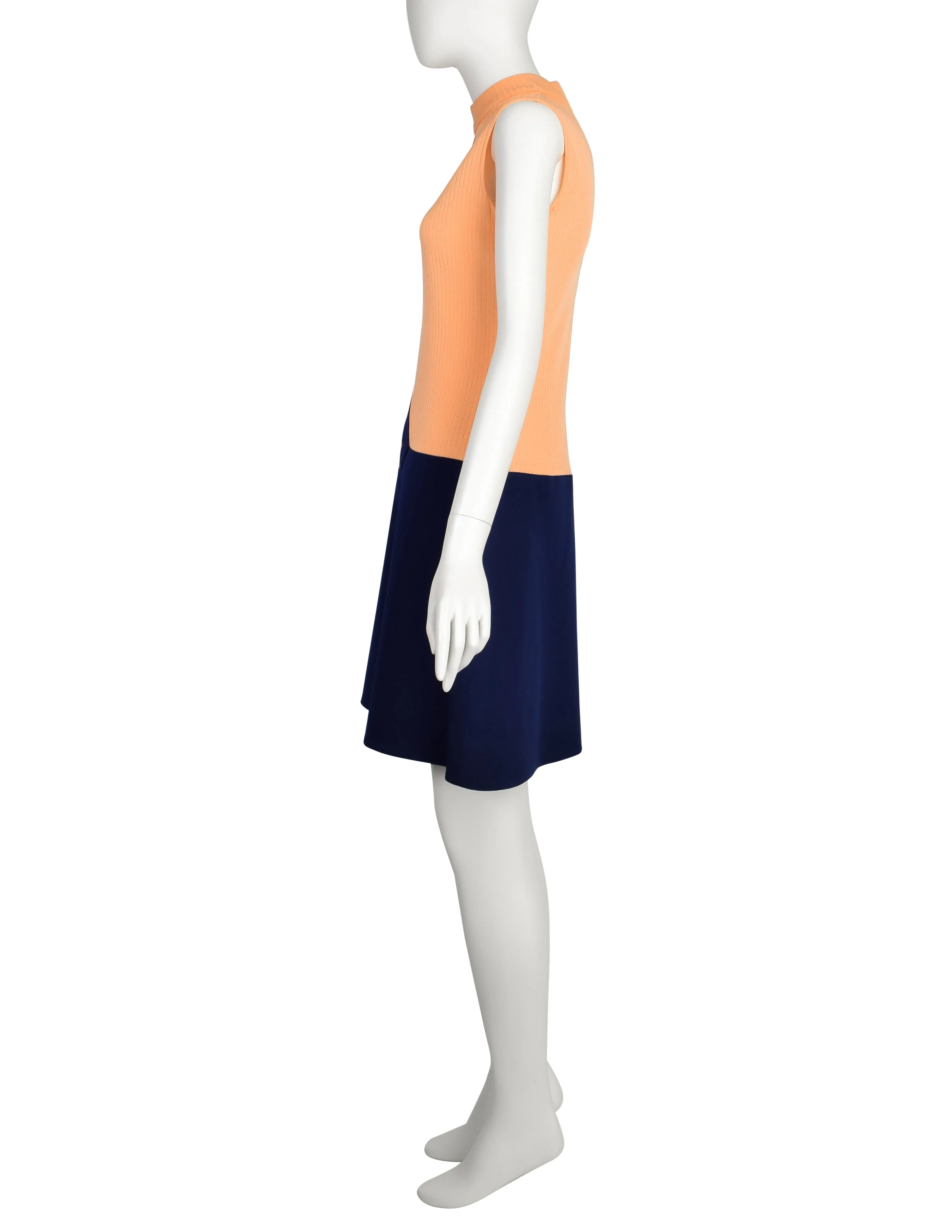 Pierre Cardin les Jerseys Vintage 1960s Ribbed Peach Navy Blue Structured Mod Shift Dress