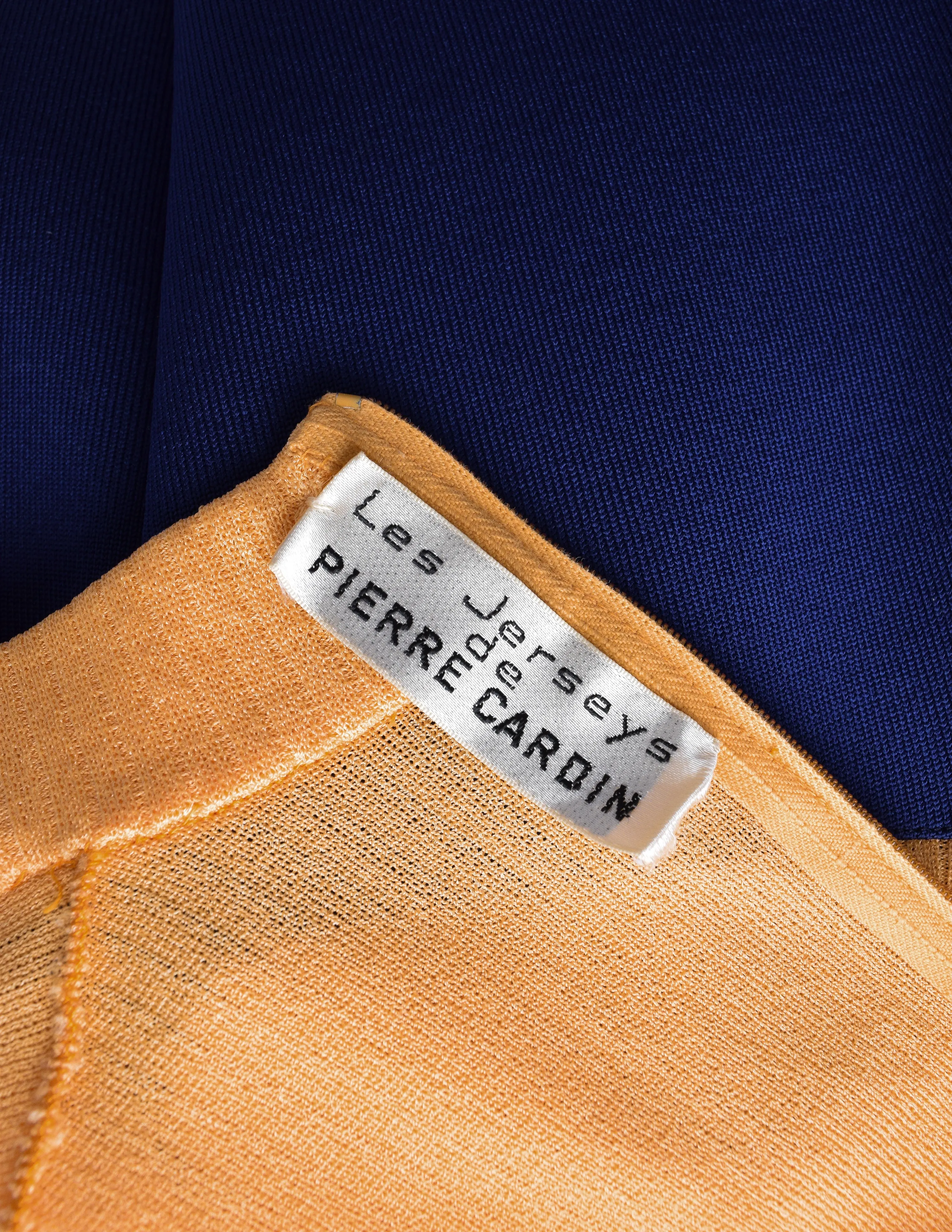 Pierre Cardin les Jerseys Vintage 1960s Ribbed Peach Navy Blue Structured Mod Shift Dress