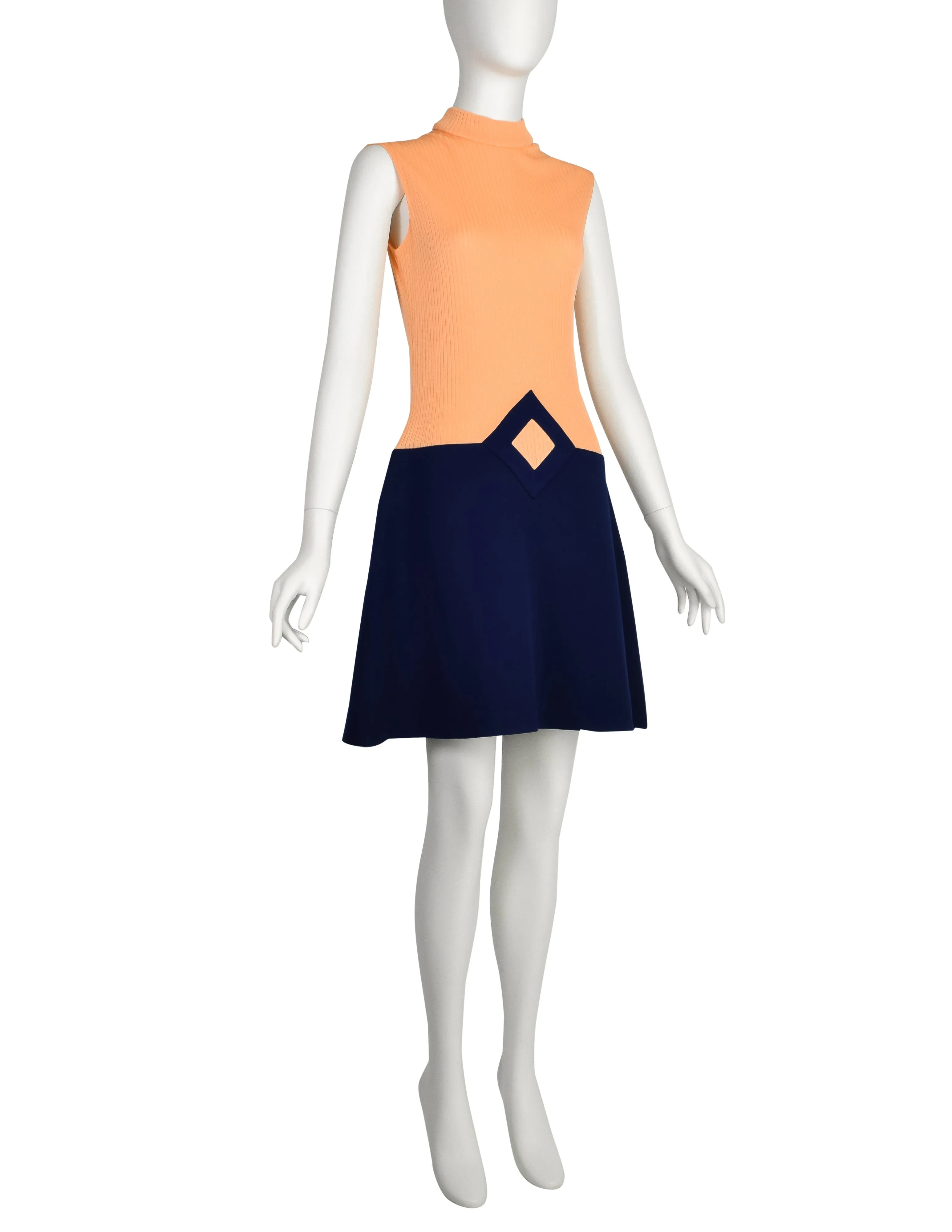 Pierre Cardin les Jerseys Vintage 1960s Ribbed Peach Navy Blue Structured Mod Shift Dress