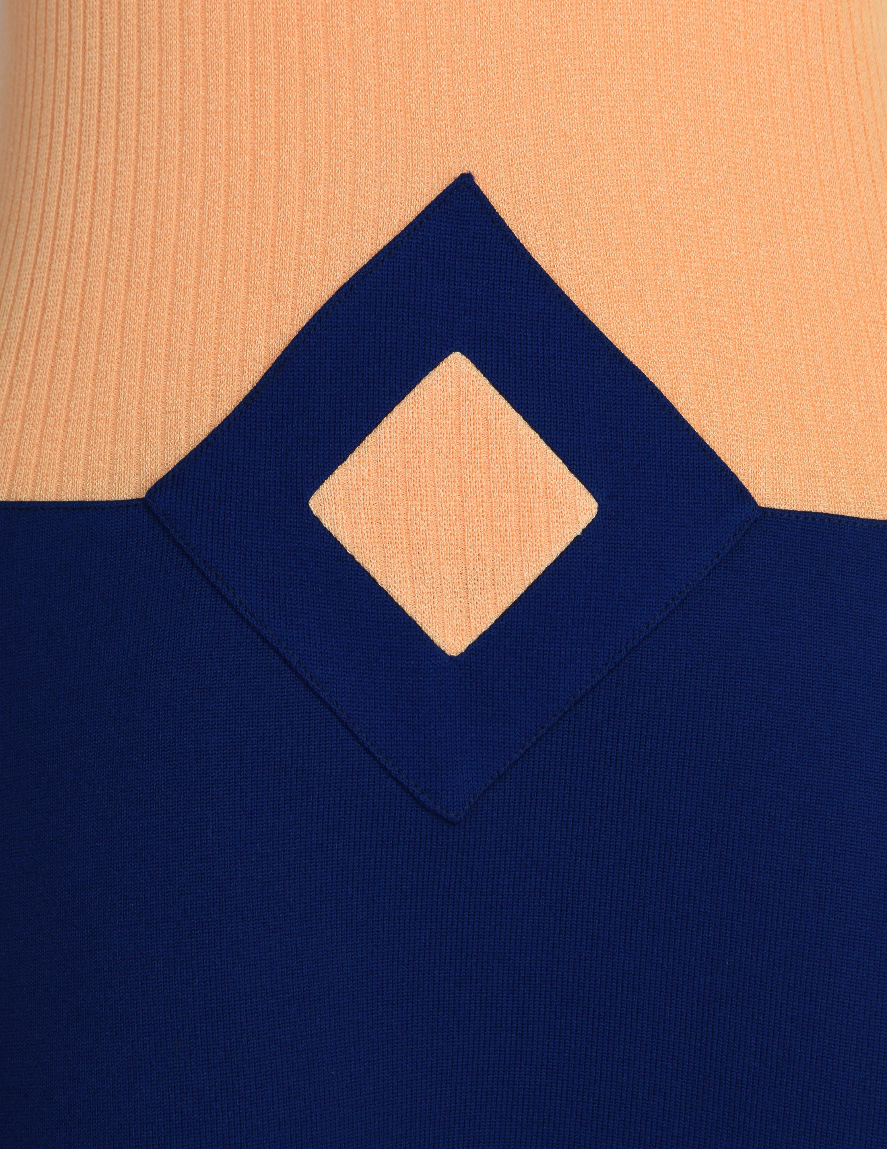 Pierre Cardin les Jerseys Vintage 1960s Ribbed Peach Navy Blue Structured Mod Shift Dress