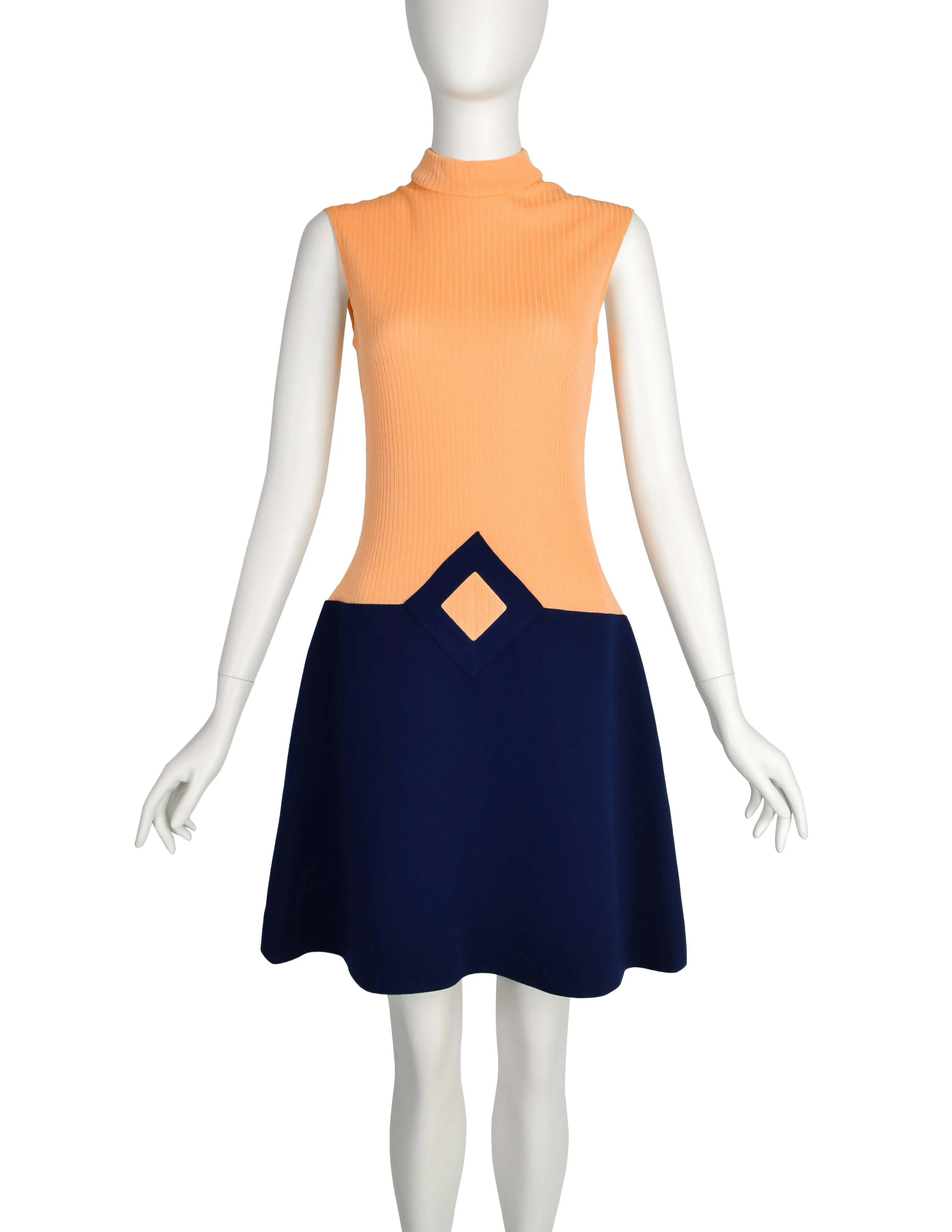 Pierre Cardin les Jerseys Vintage 1960s Ribbed Peach Navy Blue Structured Mod Shift Dress