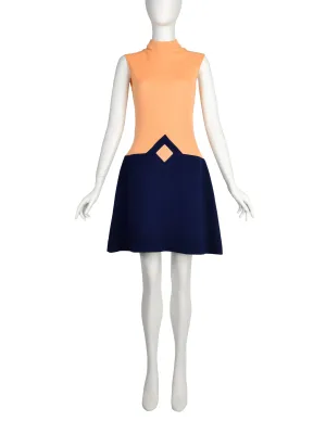 Pierre Cardin les Jerseys Vintage 1960s Ribbed Peach Navy Blue Structured Mod Shift Dress