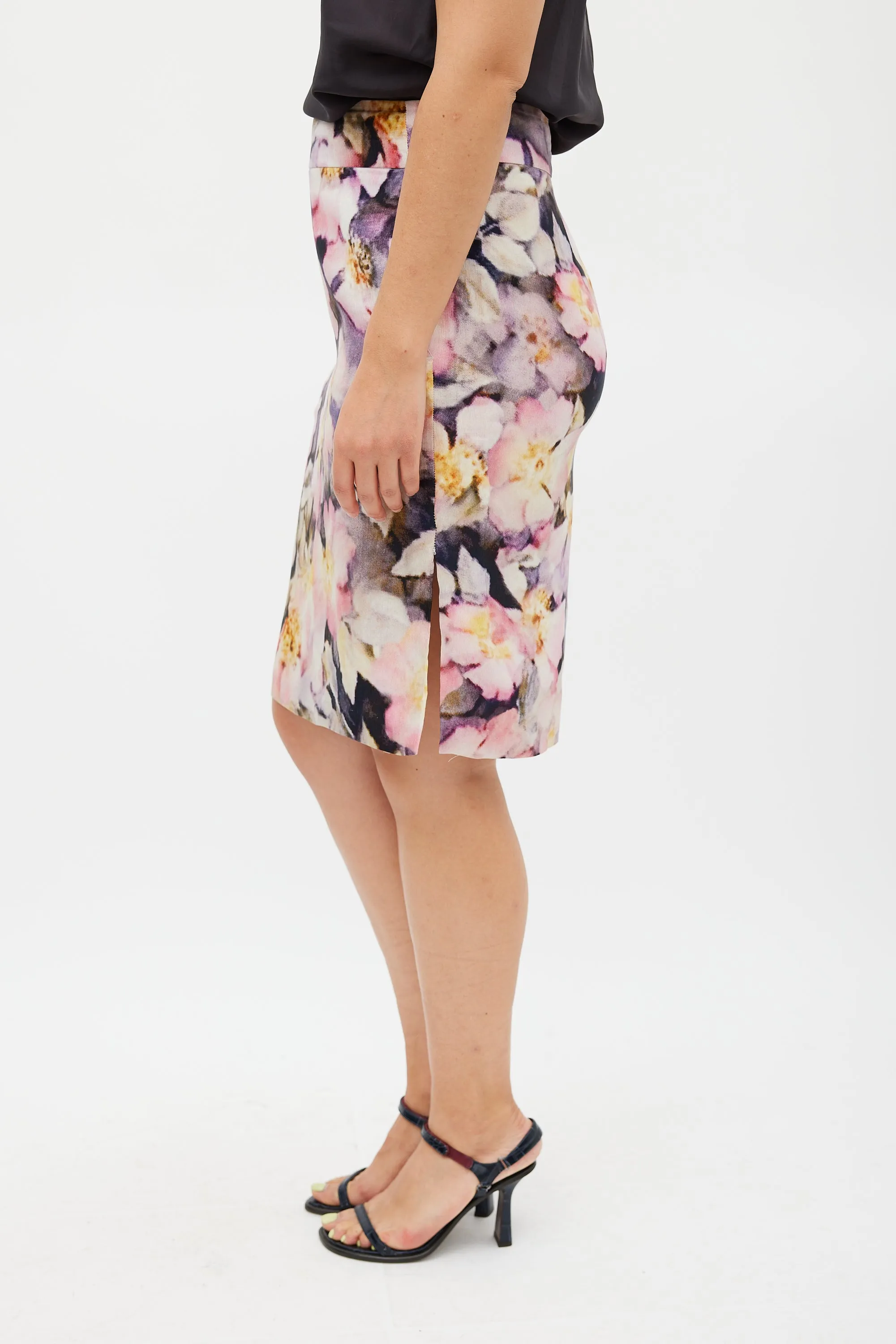 Pink & Multicolour Silk Floral Pencil Skirt