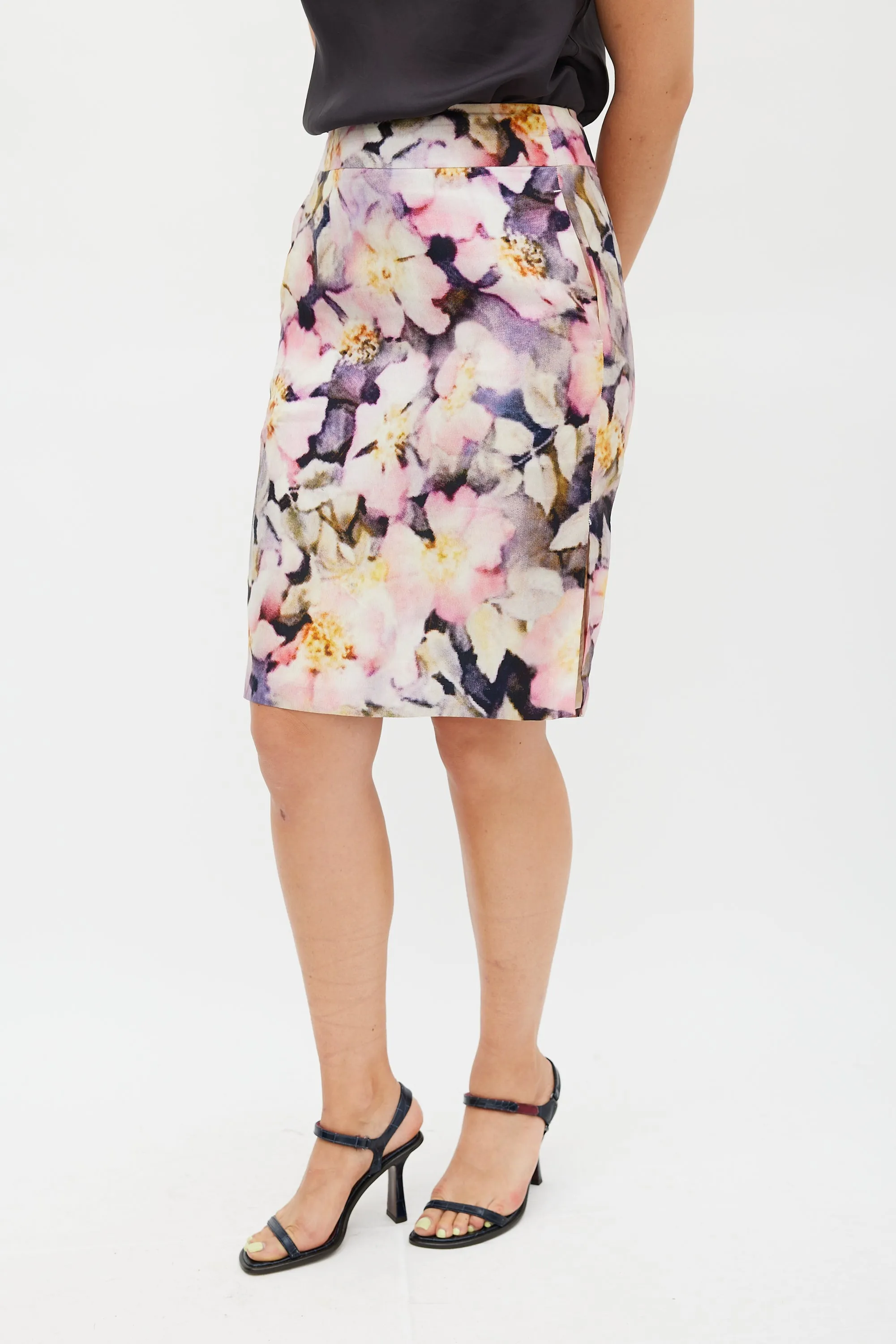 Pink & Multicolour Silk Floral Pencil Skirt