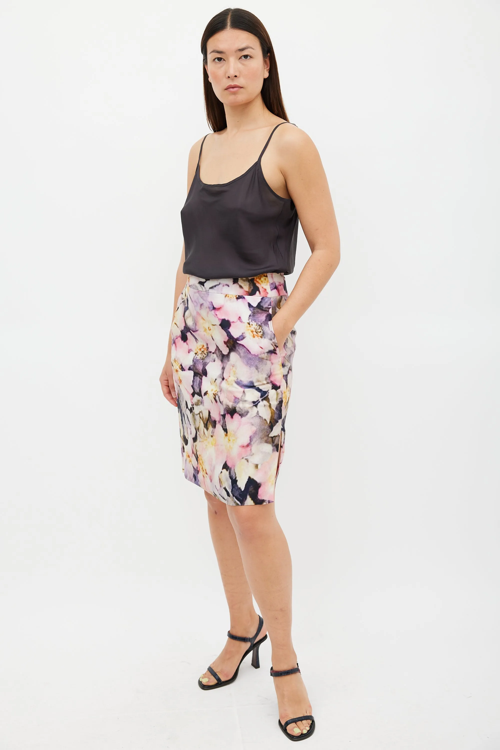 Pink & Multicolour Silk Floral Pencil Skirt