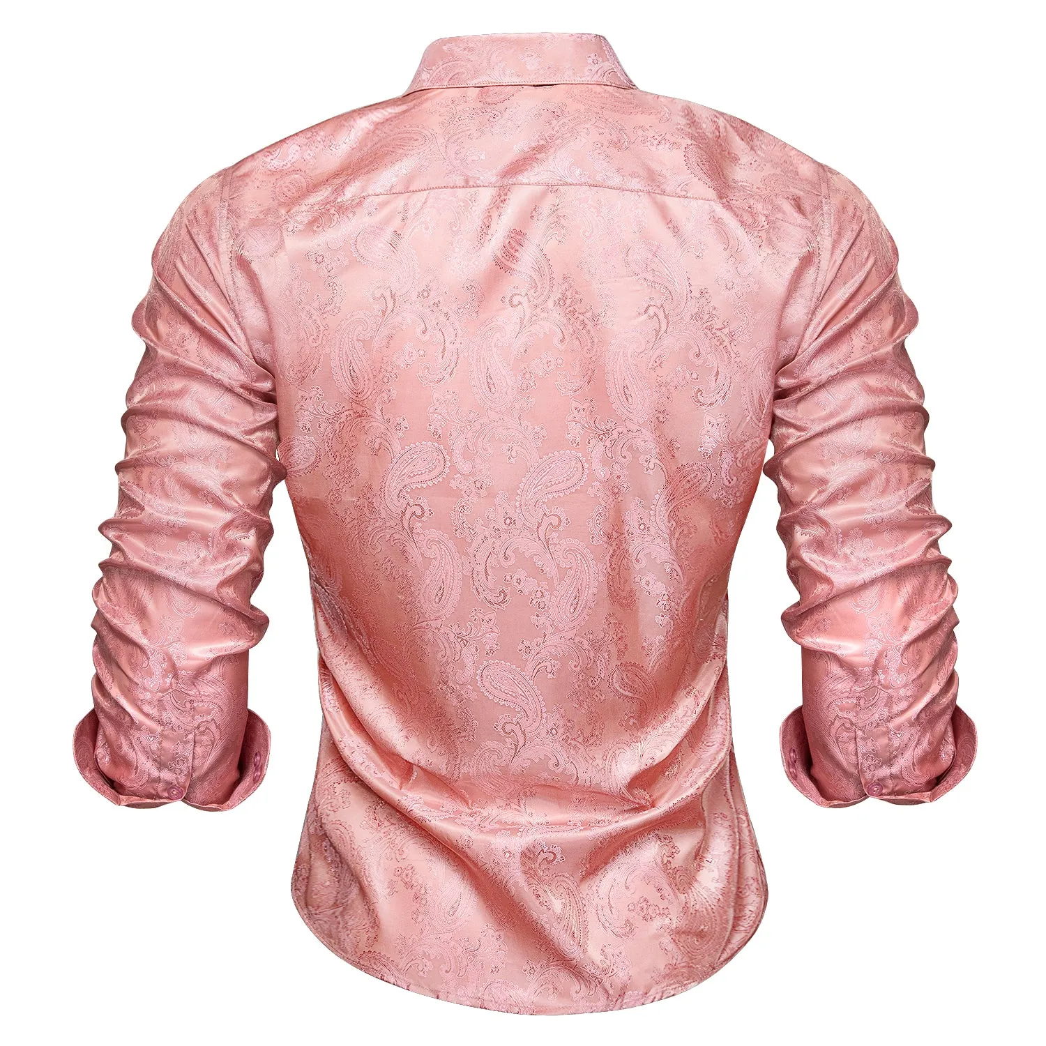 Pink Paisley Silk Men's Long Sleeve Collarless Shirt