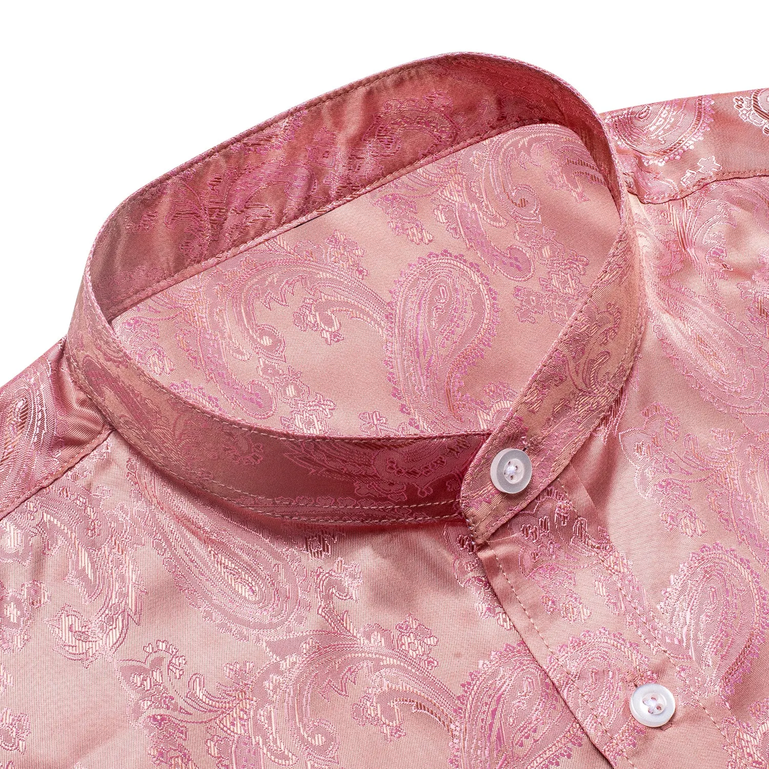 Pink Paisley Silk Men's Long Sleeve Collarless Shirt