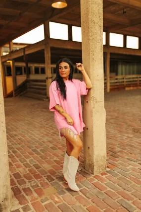 Pink Rhinestone Fringe Shirt Dress