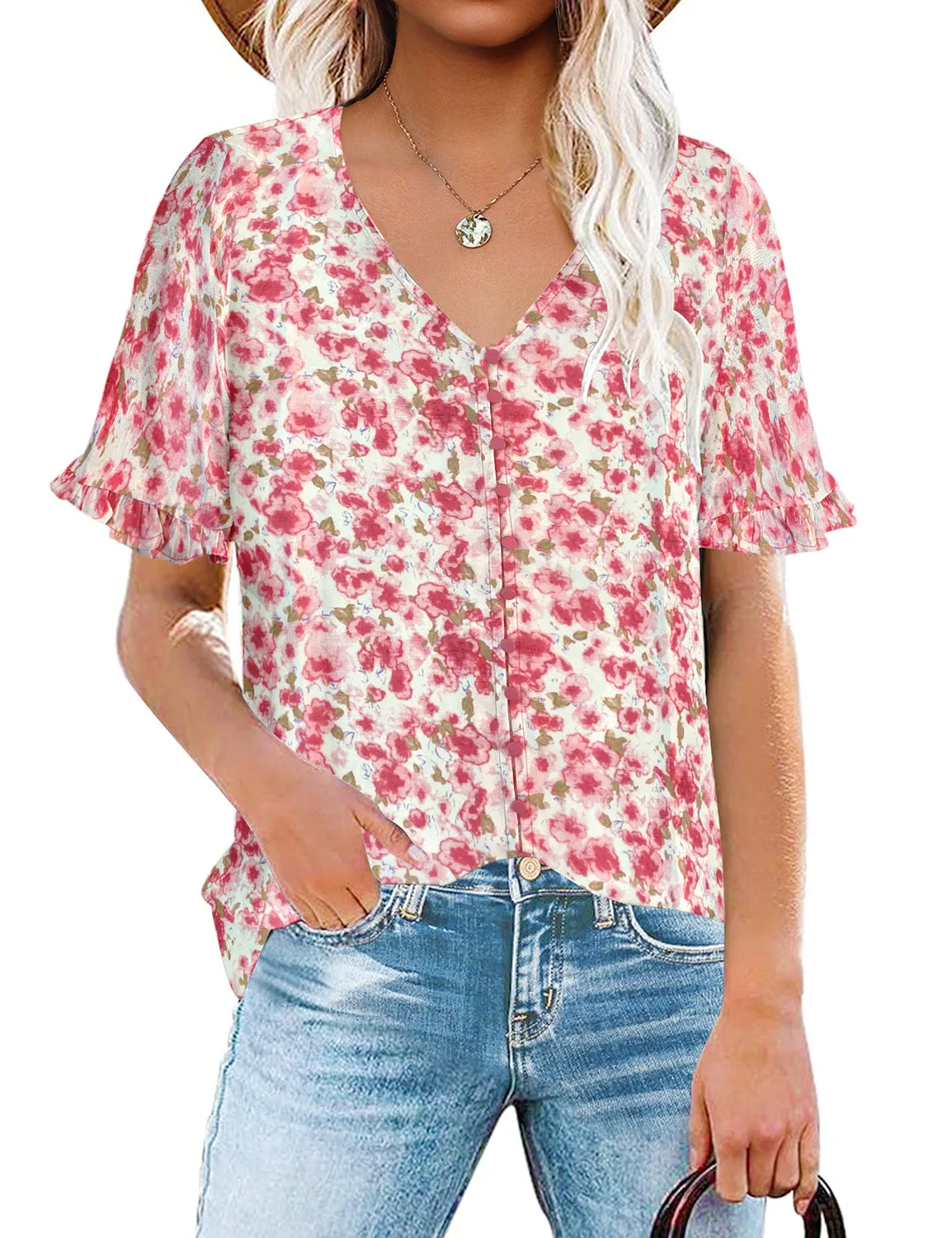 Pink Ruffle Trim Short Sleeves Printed V-Neck Button-Down Top