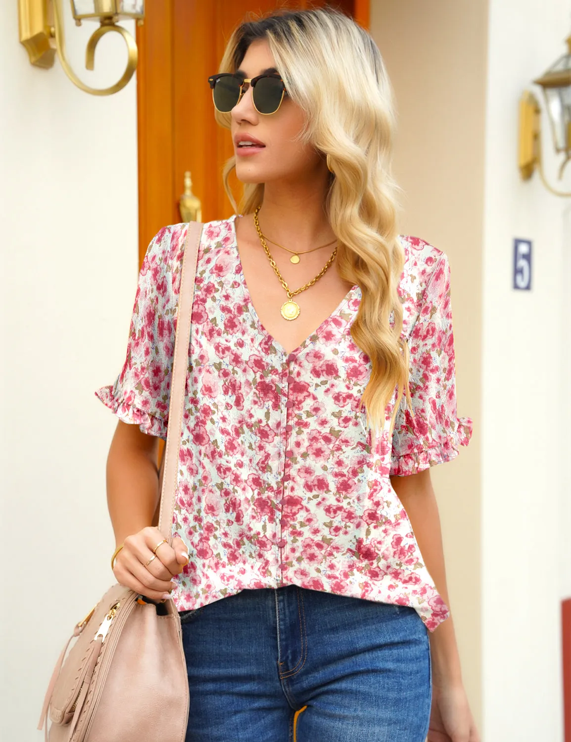 Pink Ruffle Trim Short Sleeves Printed V-Neck Button-Down Top