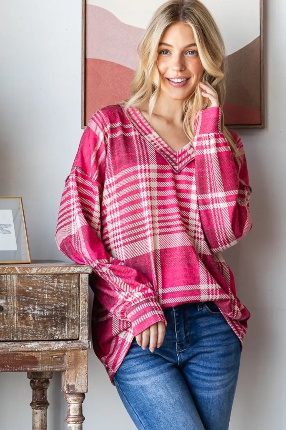 Plaid Drop Shoulder V-Neck T-Shirt