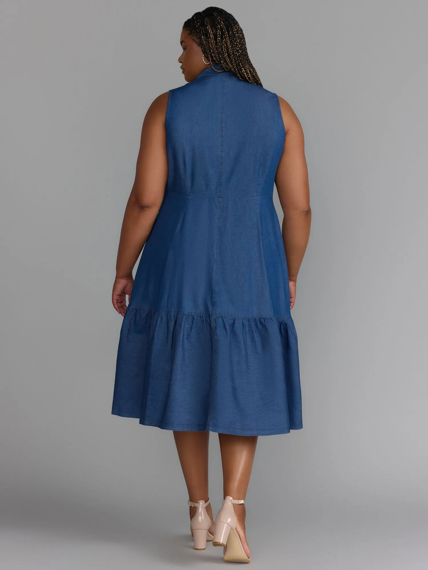 Plus Sleeveless Chambray Collared Midi Dress