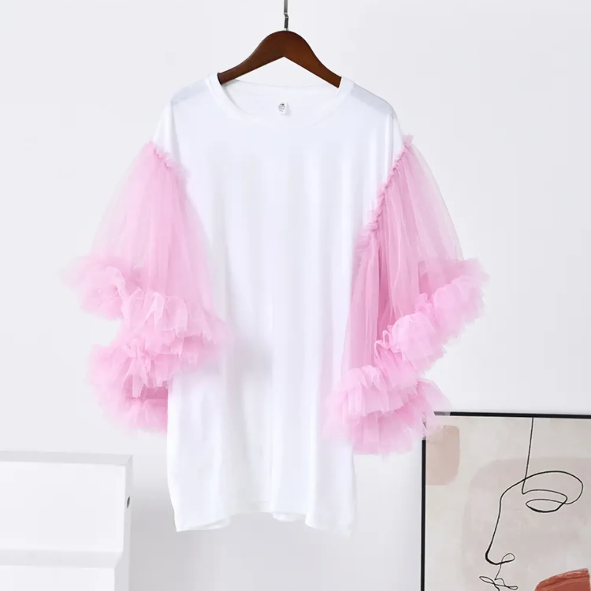 Pre Order:  Colorblocking Mesh Puff Sleeves T-Shirt