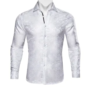 Pure White Floral Silk Men's Long Sleeve Shirt