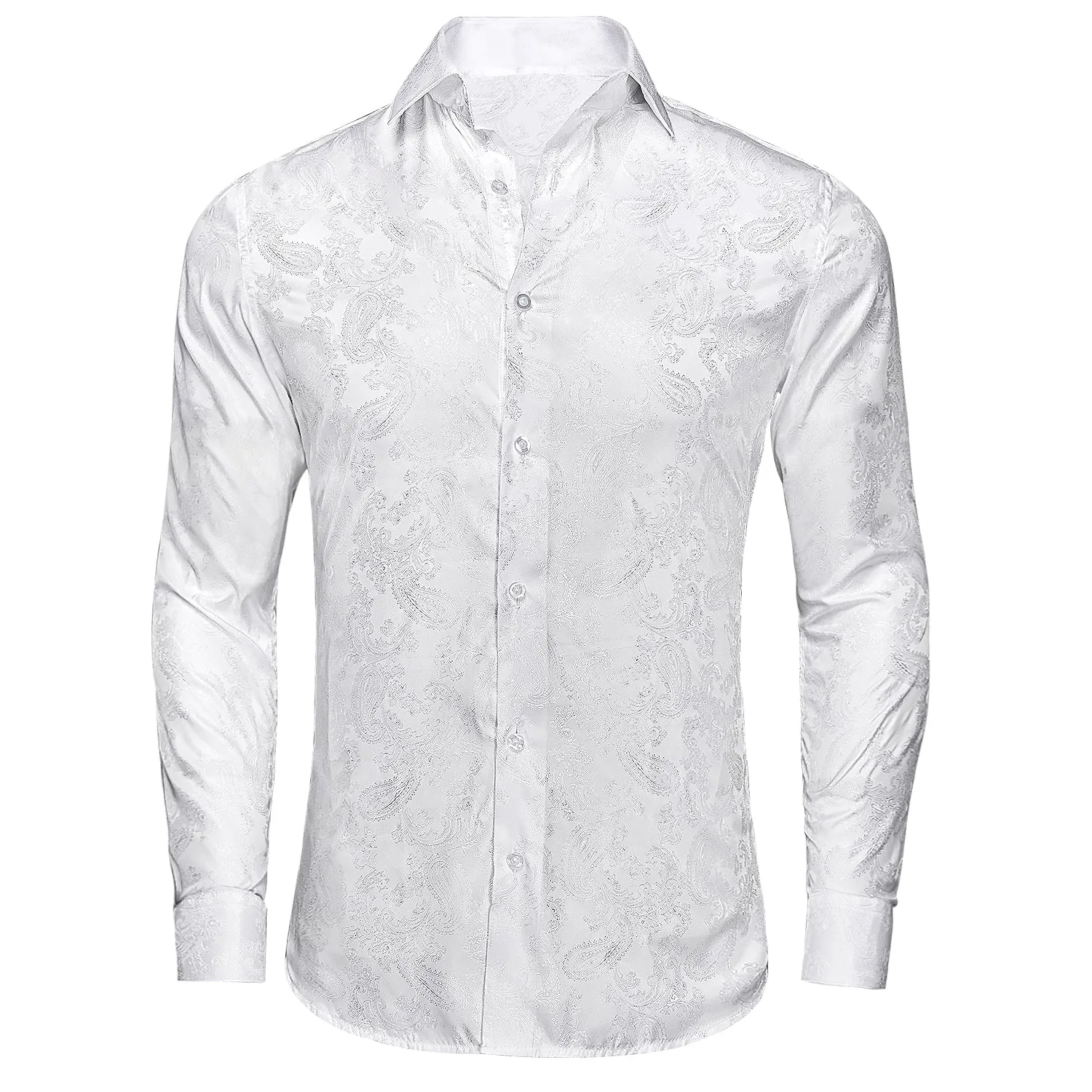 Pure White Paisley Silk Men's Long Sleeve Shirt