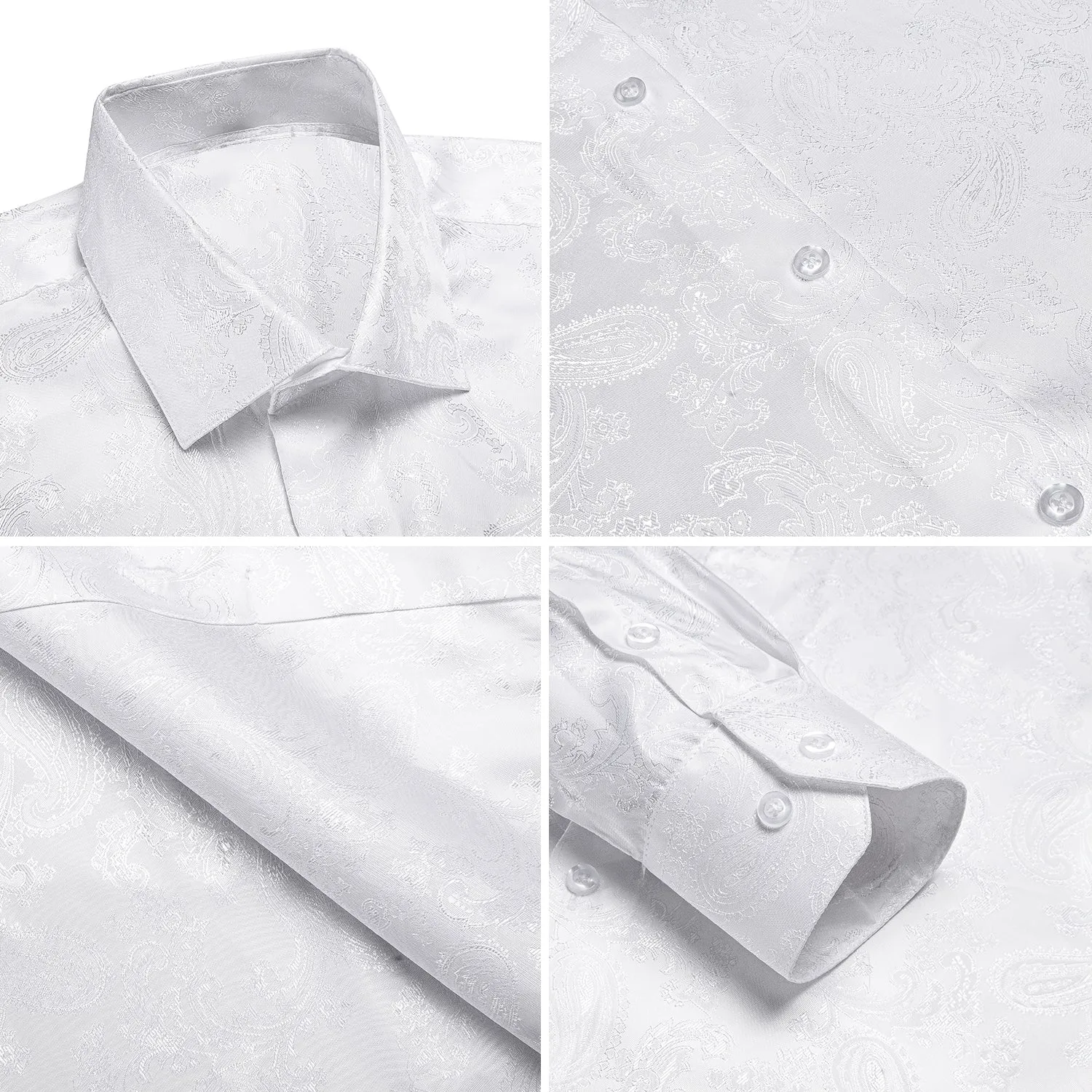 Pure White Paisley Silk Men's Long Sleeve Shirt