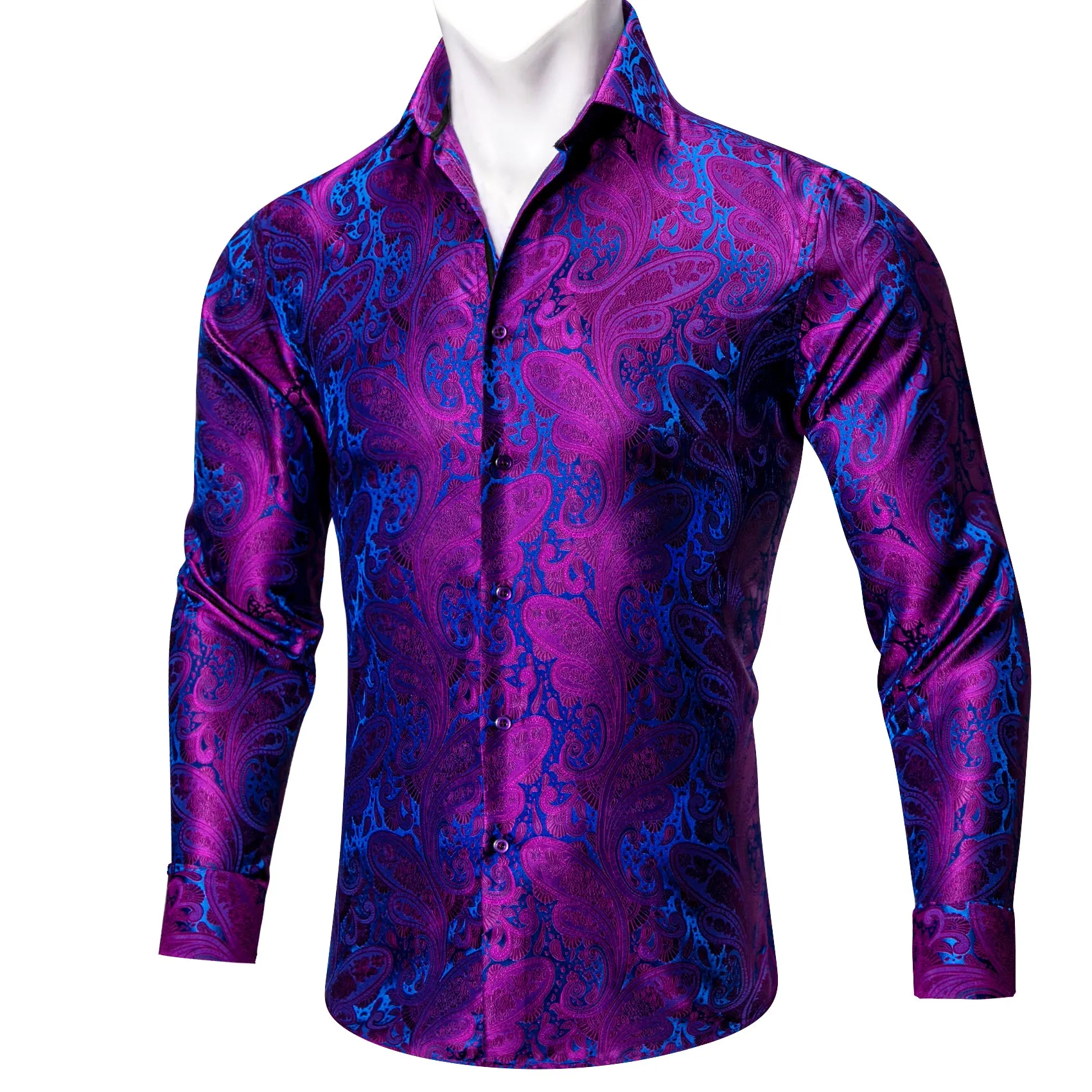 Purple Blue Paisley Silk Men's Long Sleeve Shirt