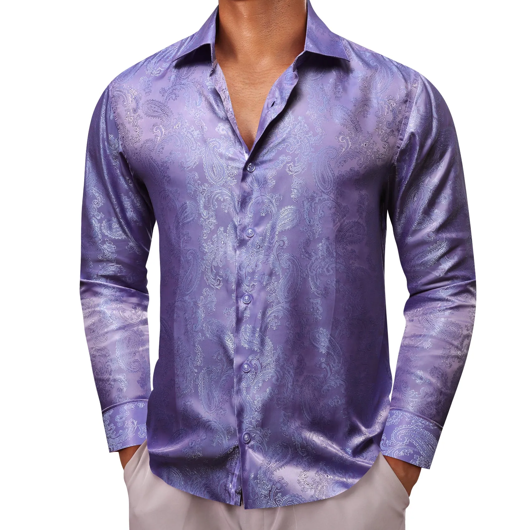 Purple Paisley Style Casual Silk Men's Long Sleeve Button Shirt