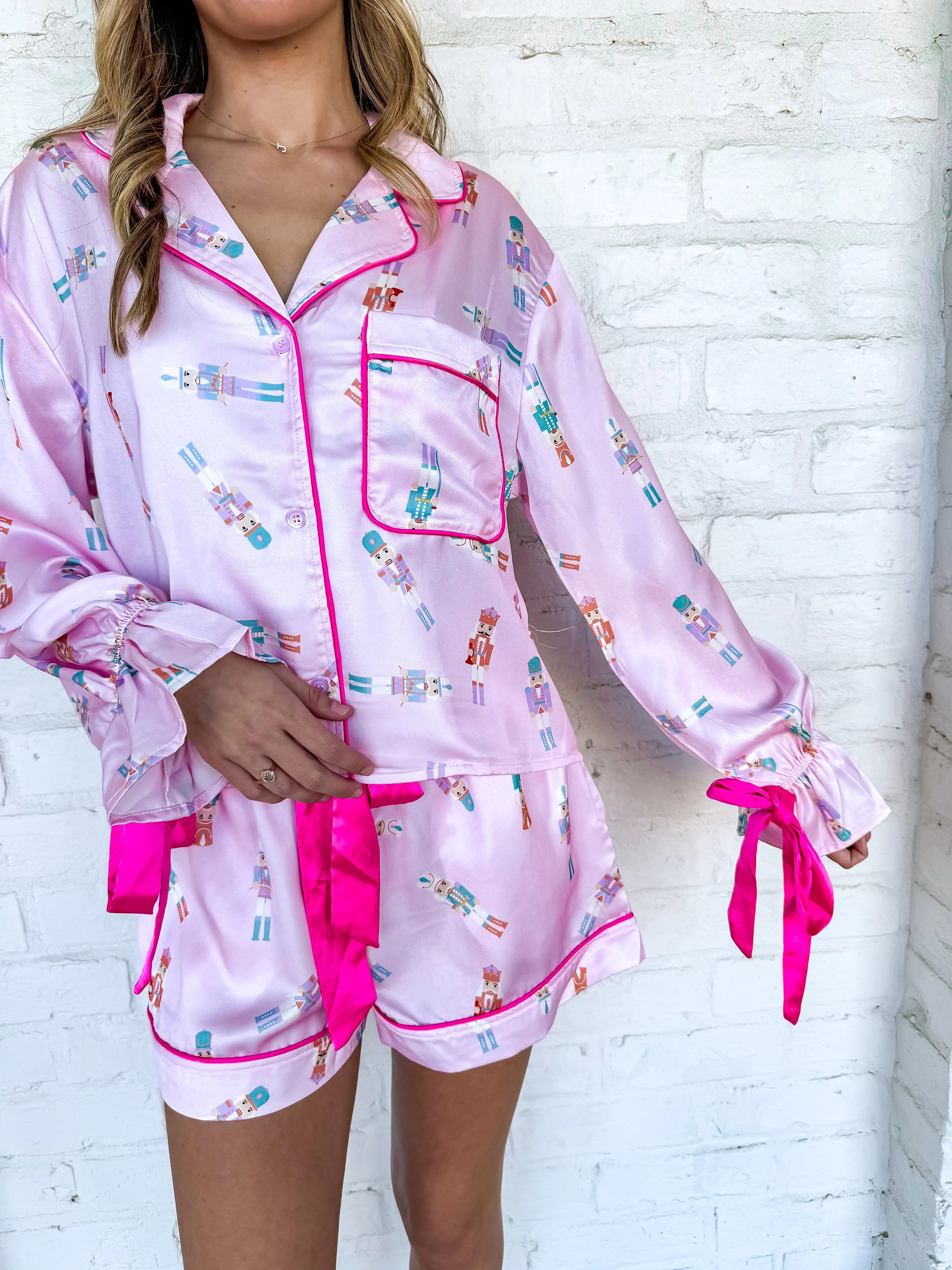 Queen of Light Pink Satin Nutcracker Bow Sleeve Pajama Set