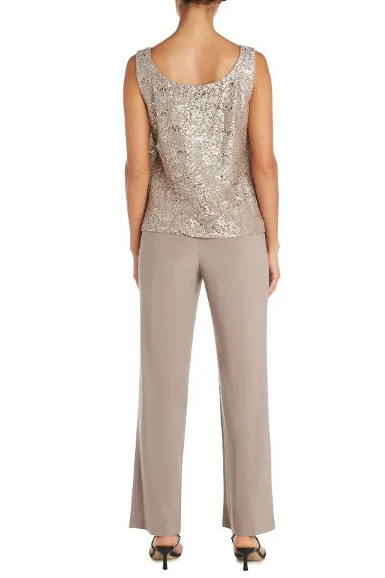 R&M Richards Metallic Lace Tank Top And Pant Set with Sheer Lace Jacket