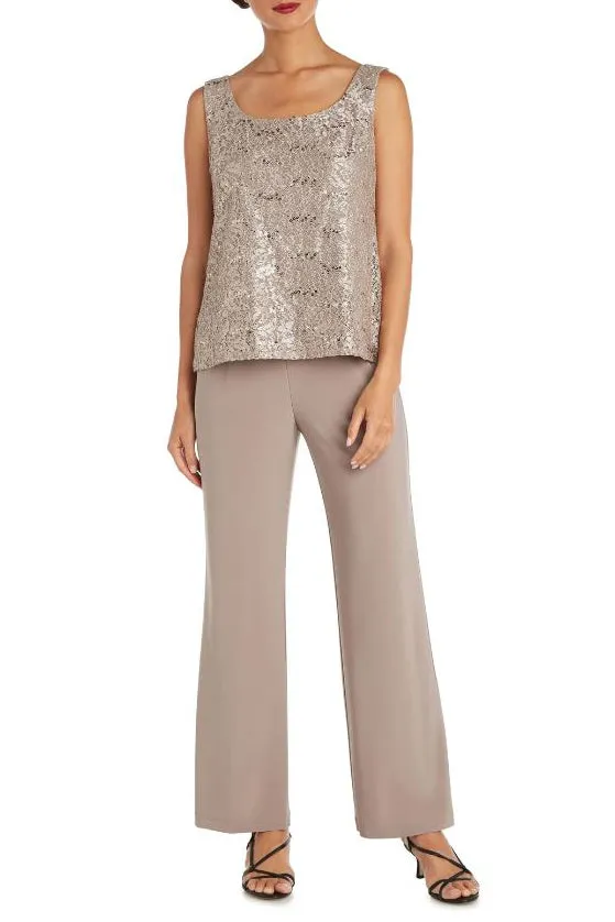 R&M Richards Metallic Lace Tank Top And Pant Set with Sheer Lace Jacket