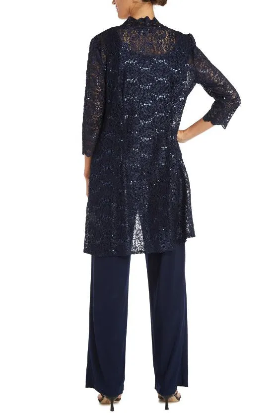 R&M Richards Metallic Lace Tank Top And Pant Set with Sheer Lace Jacket