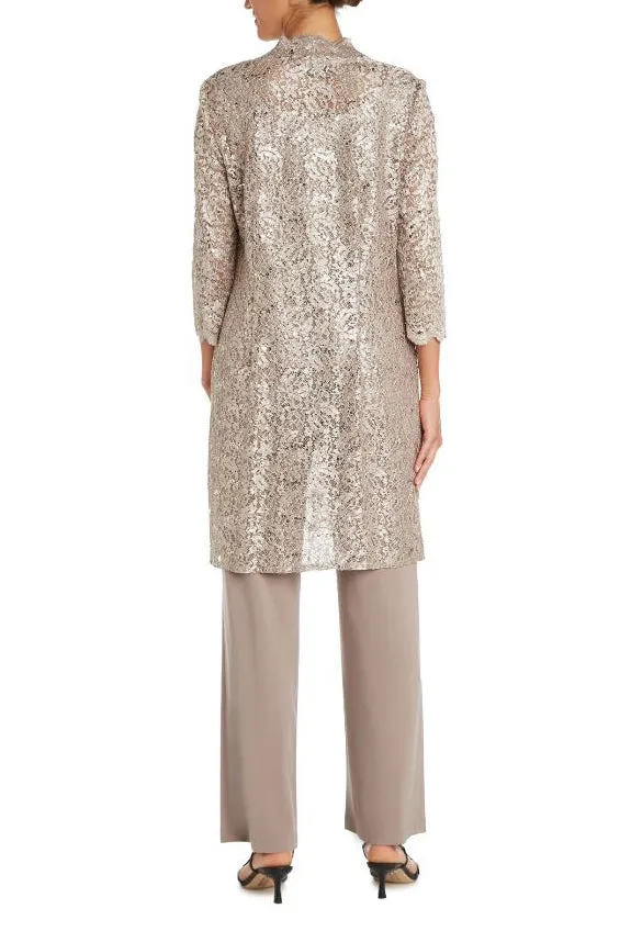 R&M Richards Metallic Lace Tank Top And Pant Set with Sheer Lace Jacket