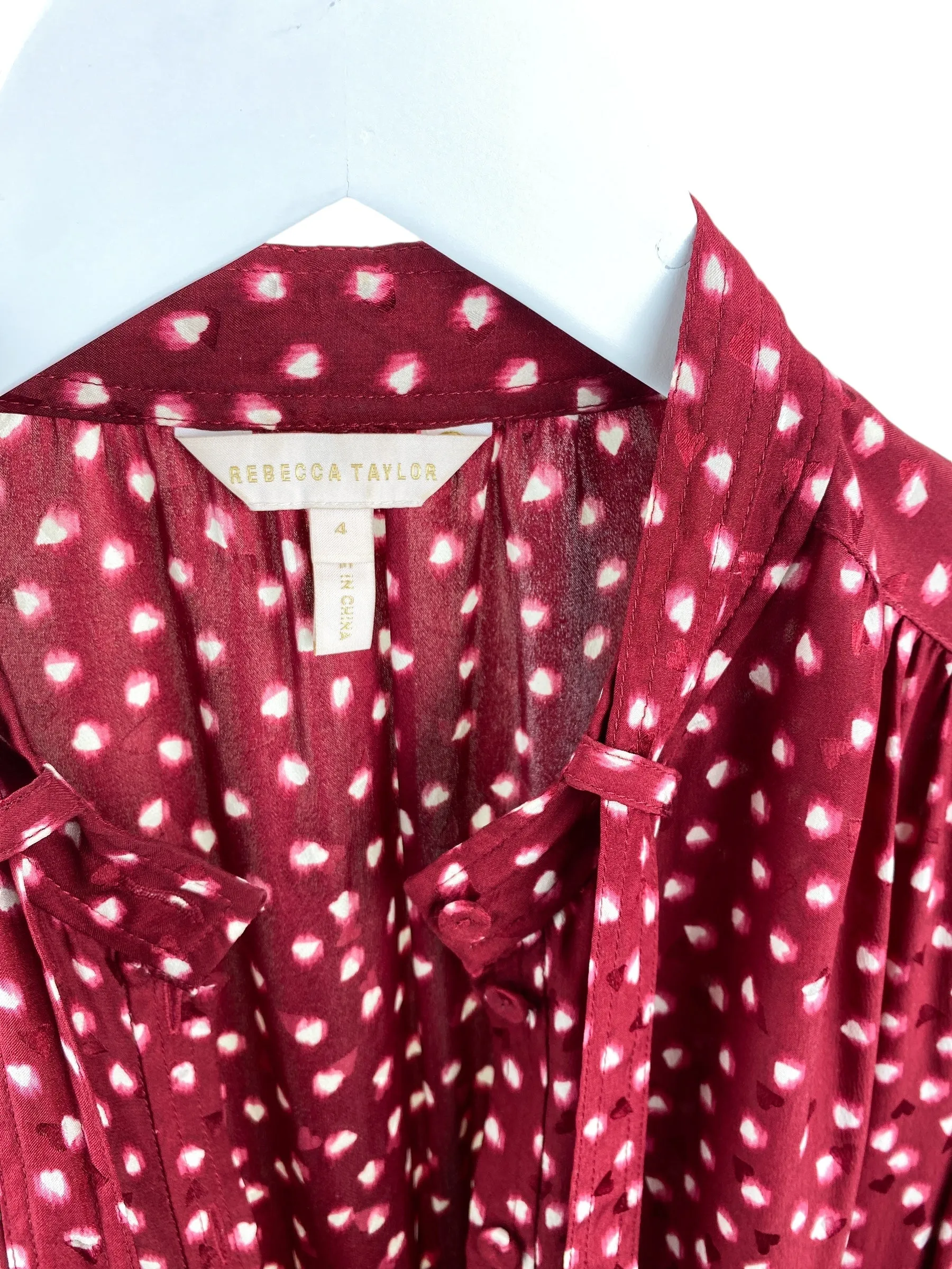 Rebecca Taylor Women's Blurry Heart Print Silk Shirt Dress Deep Red Size 4