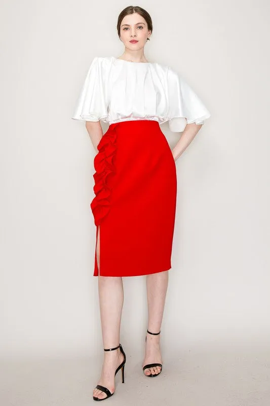 Red High Waist Asymmetric Frill Midi Skirt