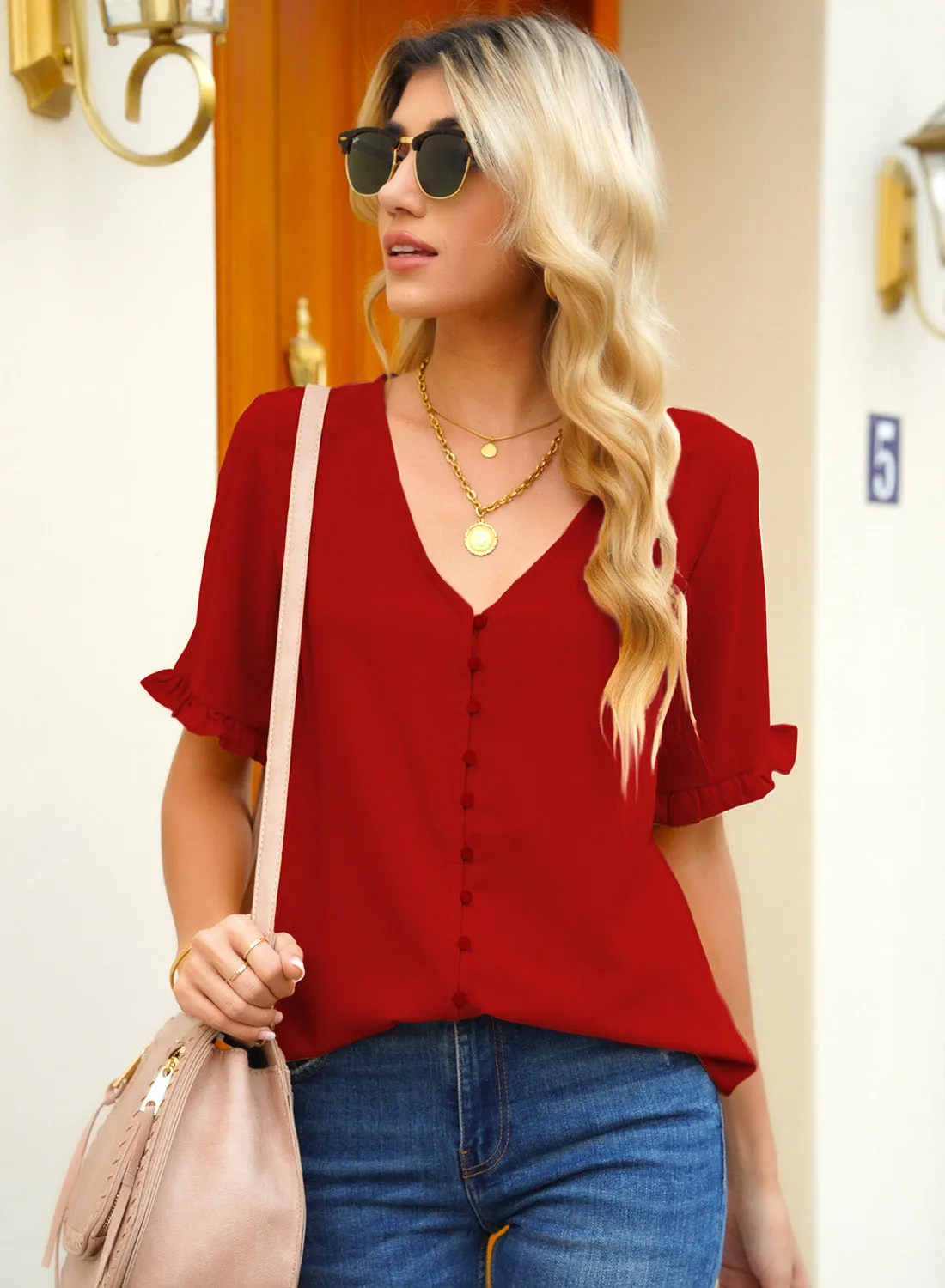 Red Ruffle Trim Short Sleeves V-Neck Button-Down Top