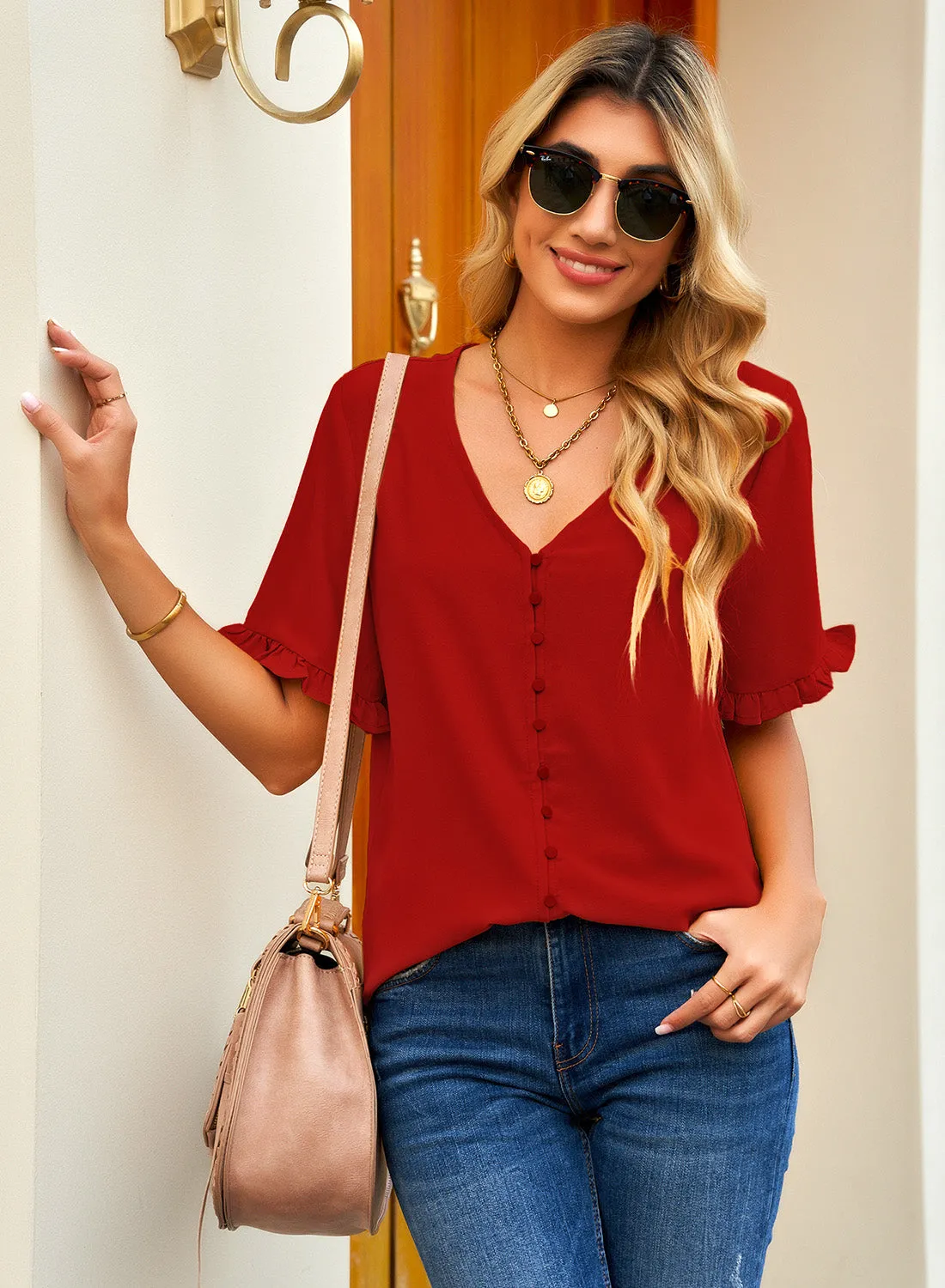 Red Ruffle Trim Short Sleeves V-Neck Button-Down Top