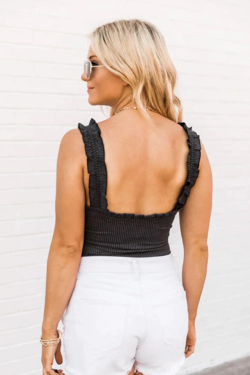 Ribbed Ruffle Trim Sleeveless Bodysuit