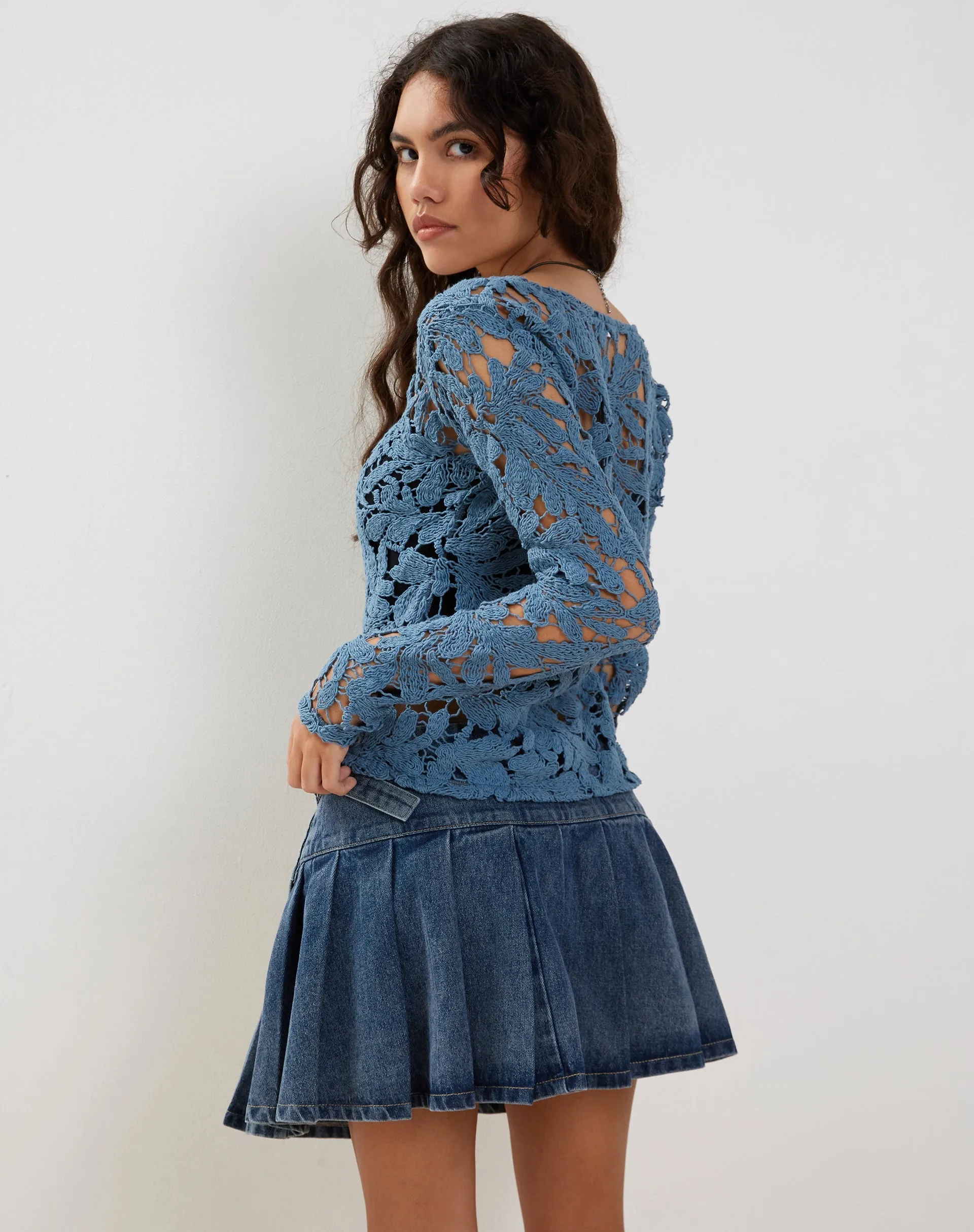 Ripu Floral Crochet Long Sleeve Top in Midnight Blue