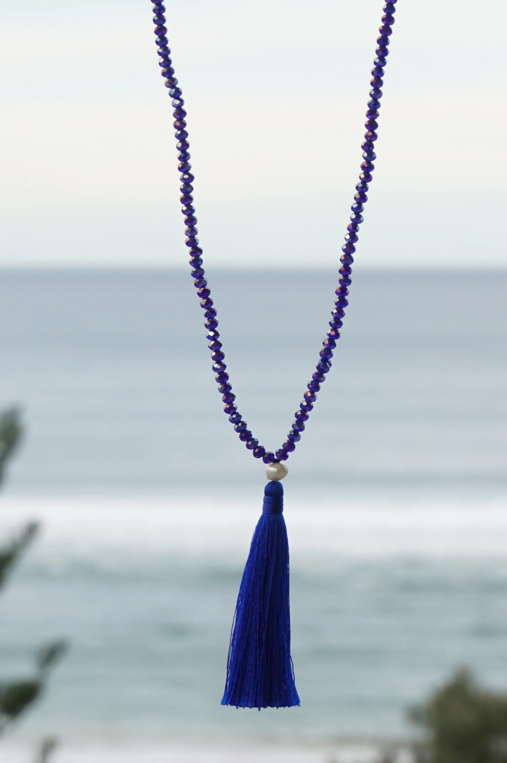 Royal Blue Beaded Pearl Tassel Necklace