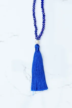 Royal Blue Beaded Pearl Tassel Necklace