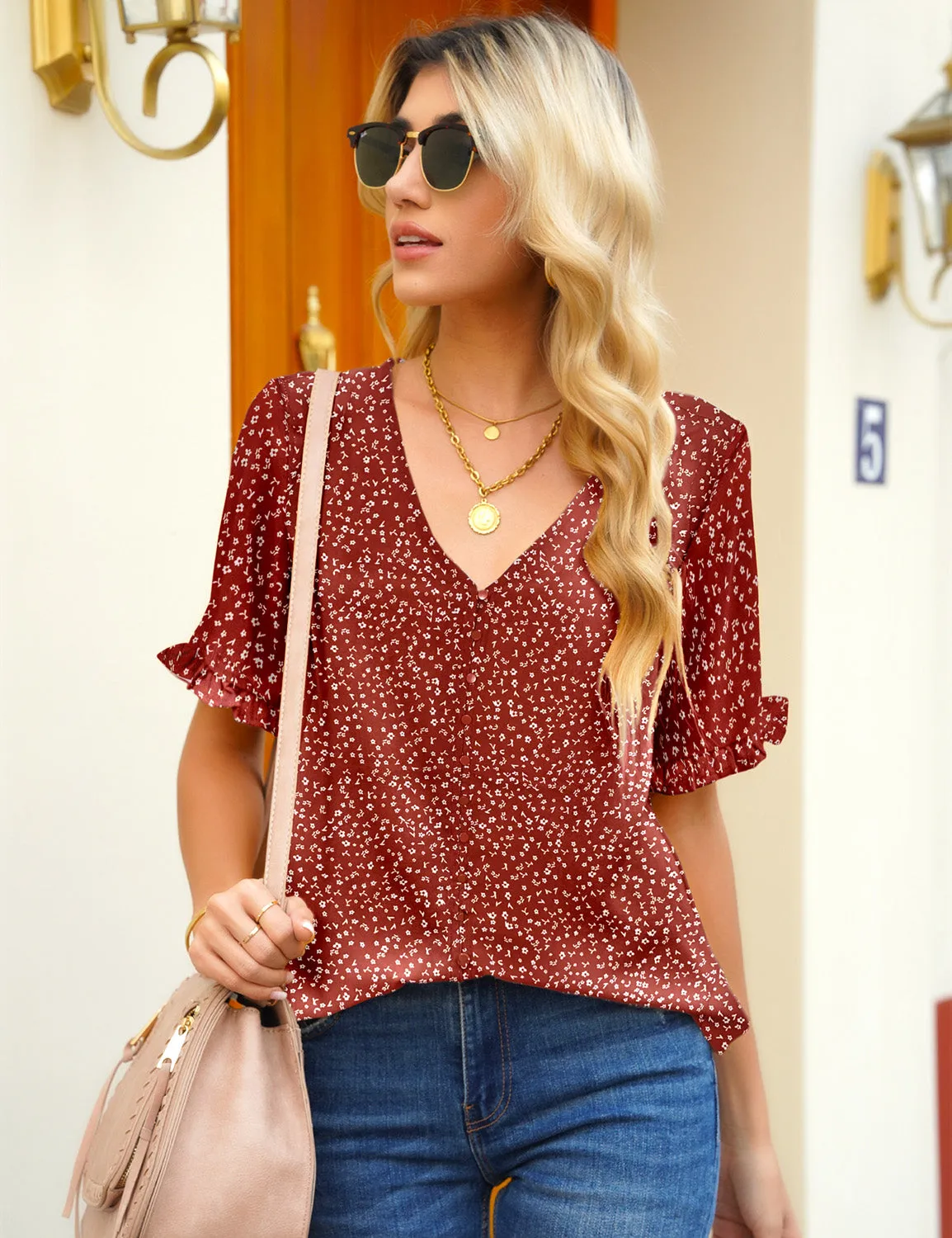 Rust Red Ruffle Trim Short Sleeves Printed V-Neck Button-Down Top