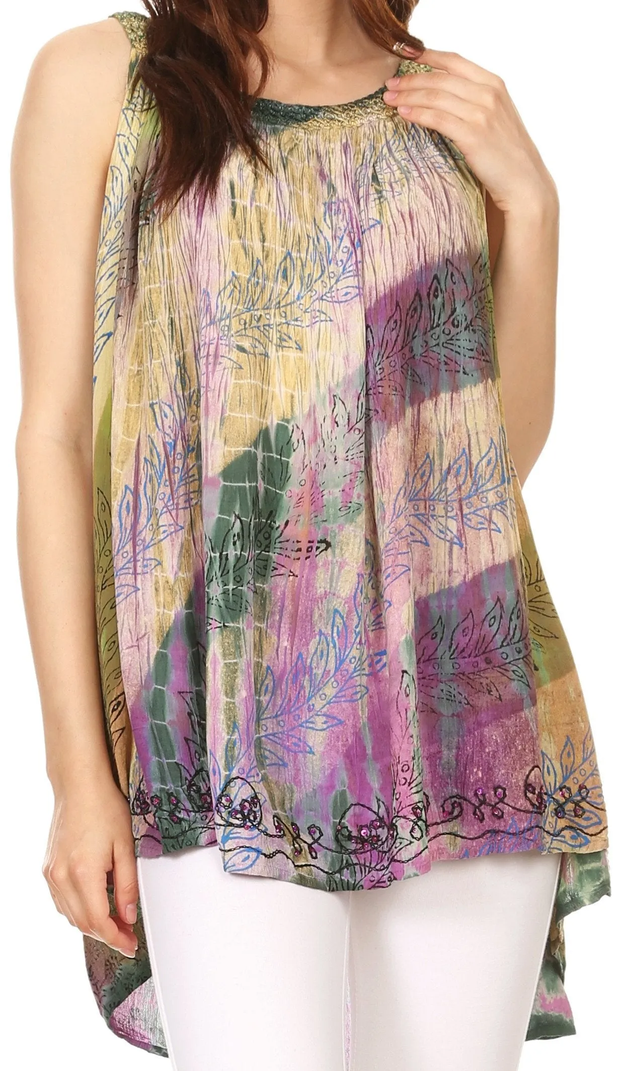 Sakkas Amalia Picot Trim Scoop Neck Tank with Sequins and Embroidery