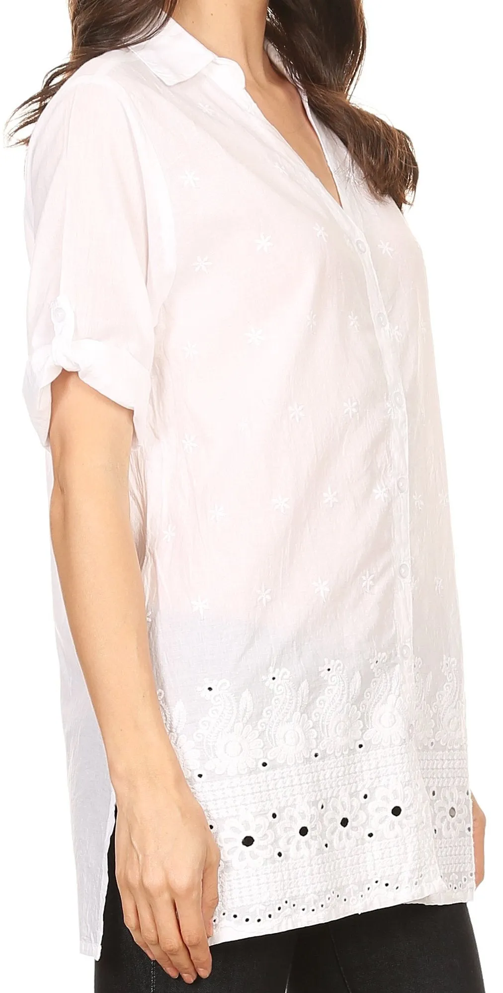 Sakkas Cecilia V-Neck Button Down 3/4 Sleeve Eyelet Shirt