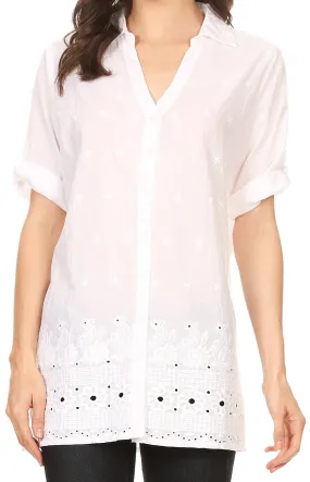 Sakkas Cecilia V-Neck Button Down 3/4 Sleeve Eyelet Shirt