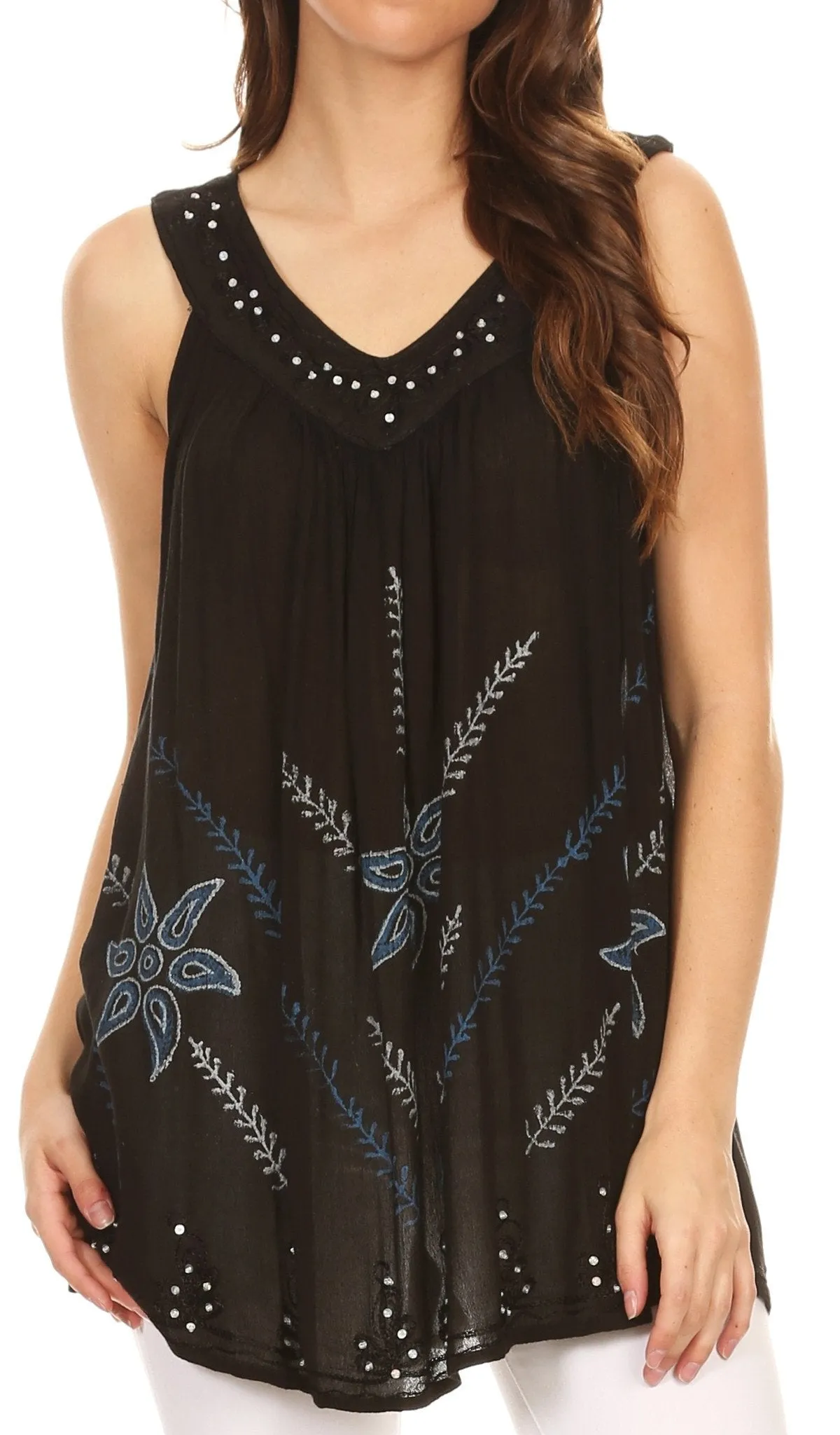 Sakkas Tara V Neck Sleeveless Soft Crinkled Embroidered Casual Tank Top Blouse