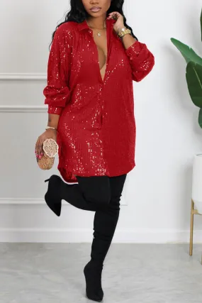 Sequins Solid Shirt Dress