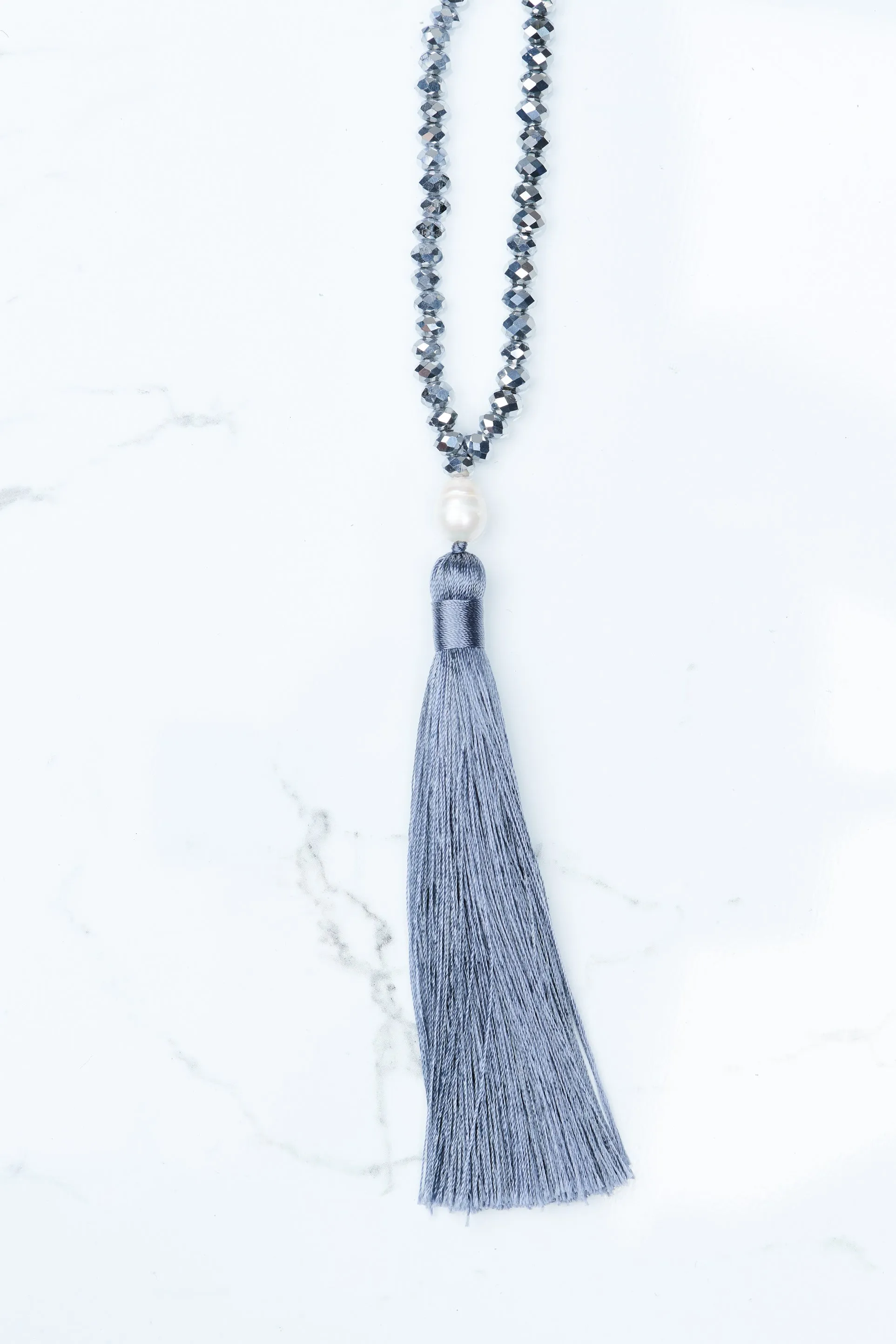 Silver Beaded Pearl Tassel Necklace