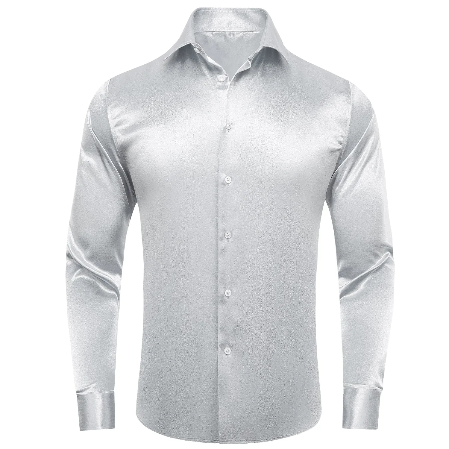 Silver Solid Satin Men's Long Sleeve Shirt