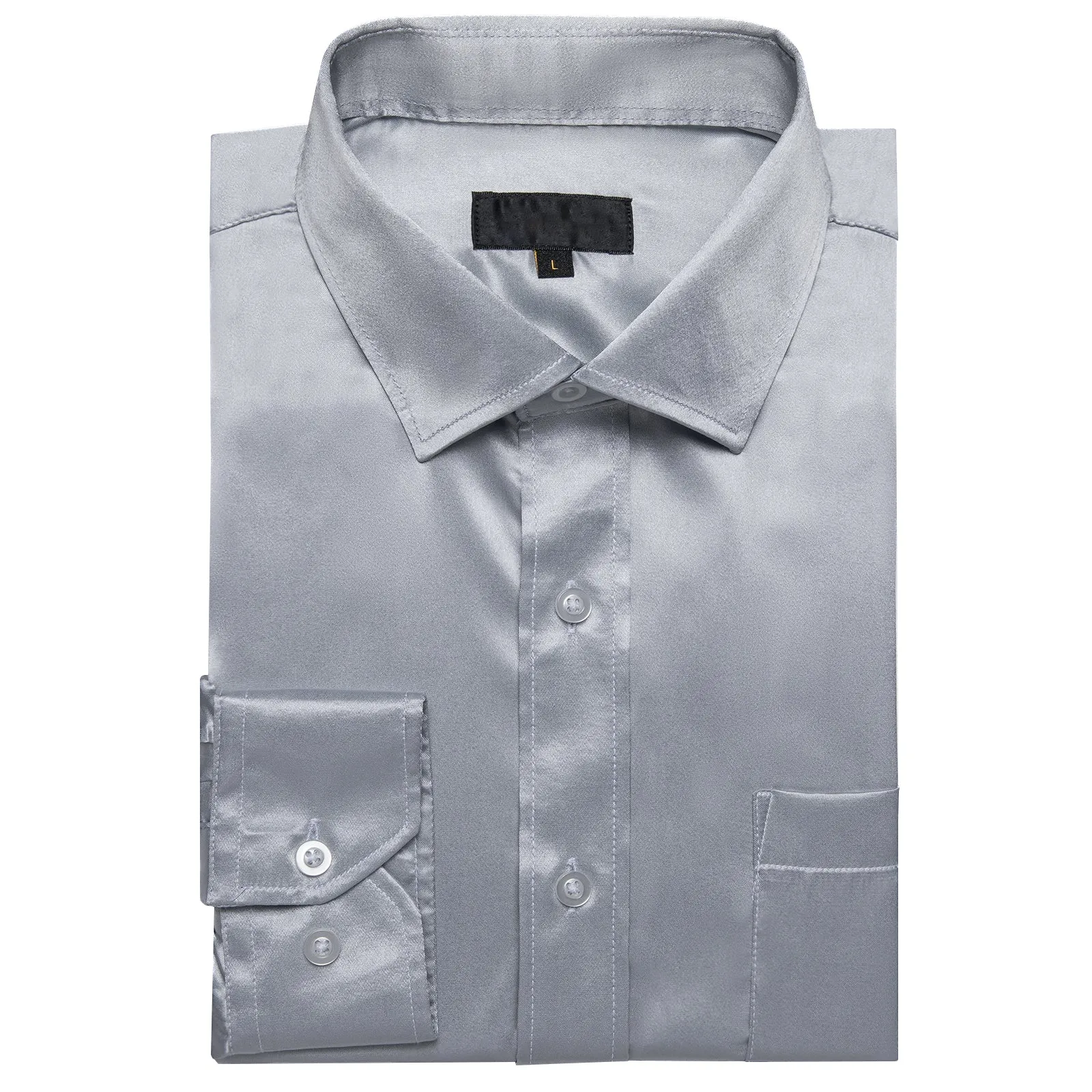 Silver Solid Satin Silk Men's Long Sleeve Business Shirt